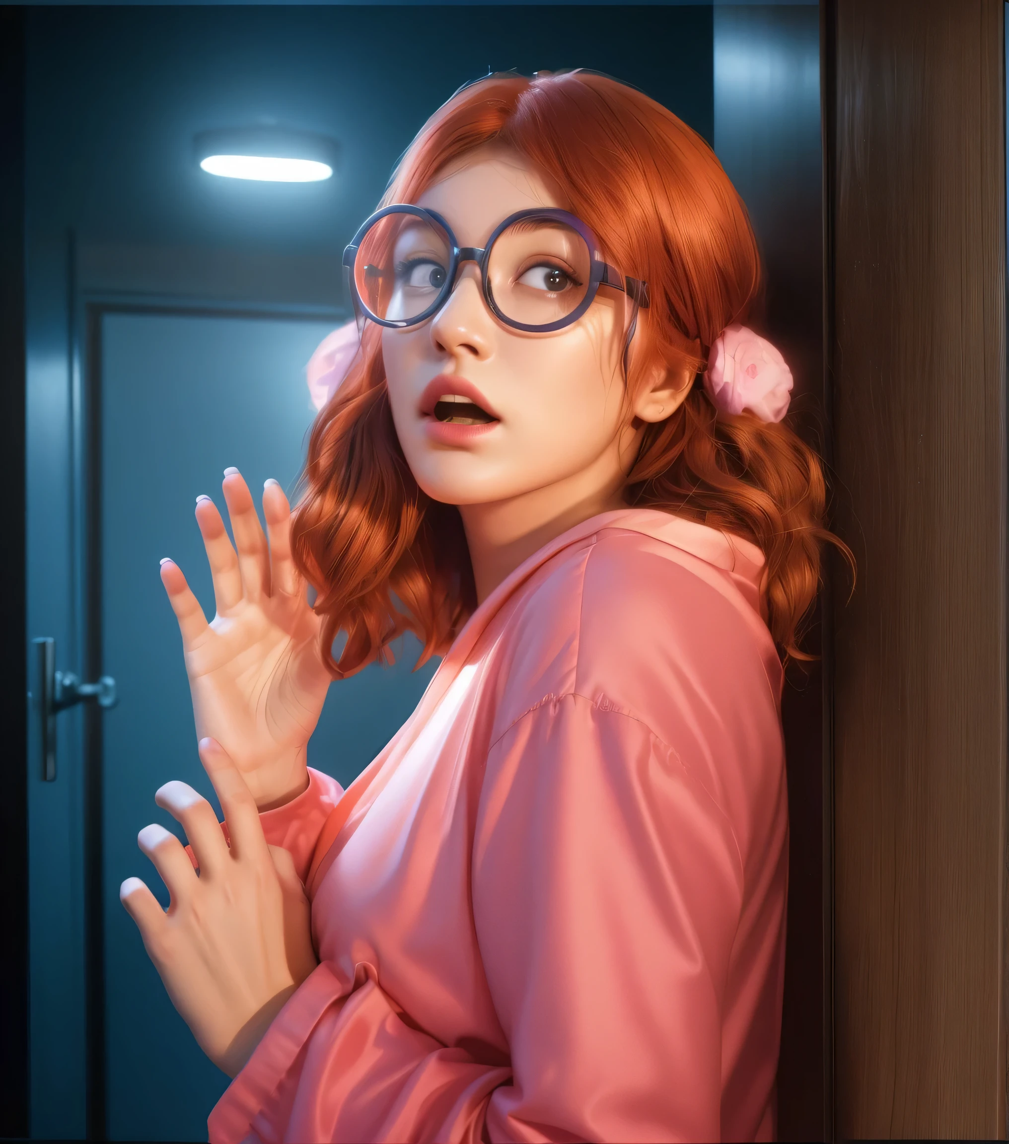 (（（Perfect body,White and tender skin,（（（Cyberpunk，purple jacket,long shirt，navel，zipper ,）））,（（（karinuzumaki,red hair,long hair,glasses,red eyes,）））,((masterpiece)),highres,((Best quality at best)),masterpiece,quality,Best quality,(（（ Exquisite facial features,Looking at the audience,There is light in the eyes,(（（pain，endure，blush））），Open the door，1 Woman hiding behind the door，1Man standing behind woman，Head out the door）））,（（（Light and shadow,Huge breasts）））,（（（Looking at the camera,black background,)））),