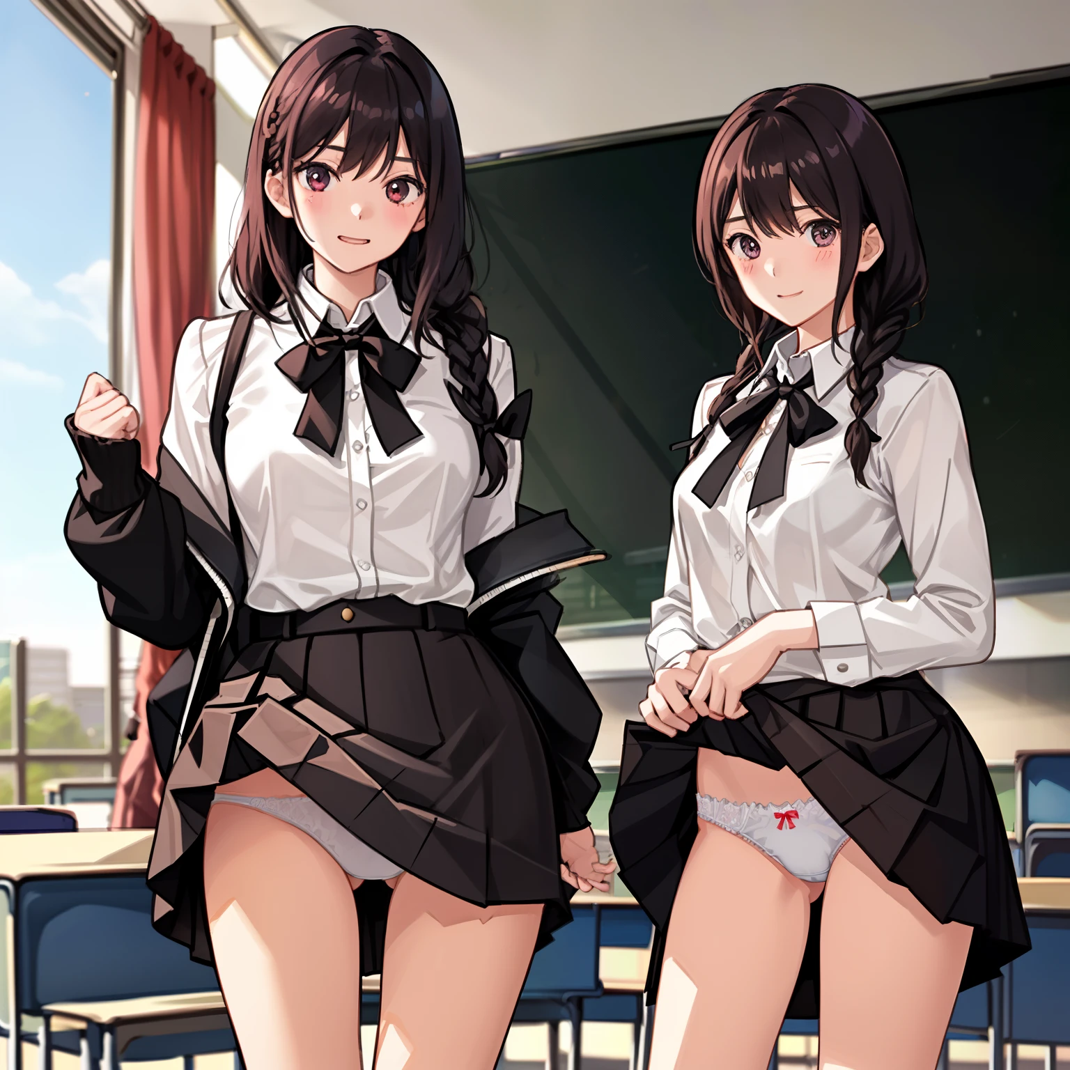 ((2 girls))、laughter、blush、shirt、のskirt、、((fun))(small breasts)、chiralism、black hair、(single braid)、(黒いskirt:1.3)、bow, button, 襟の付いたshirt, long sleeve, マイクロskirt, プリーツskirt、(Jacket)、 skirt, socks, thighs, 白い shirt, Rest indoors, ((classroom:1.5))、 BREAK looking at viewer、skirtの破れ,(skirtを掴む:1.5)、 (perfect hands, perfect anatomy),cowboy shot、(skirt lift:1.3),(Very detailed white panties:1.3)、(Very detailed panties:1.3)、、(skirt that rolls up:1.3)、(fully exposed panties:1.5)、
