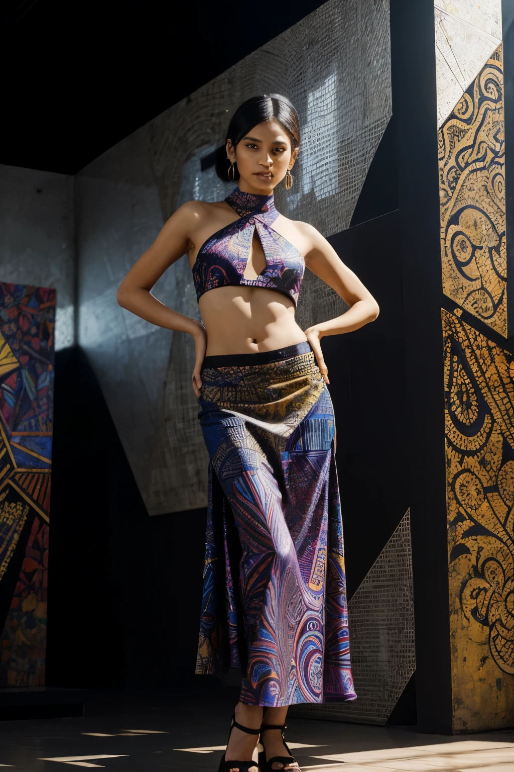 An Indonesian-styled futuristic suit worn by a girl depicting cultural fusion and modern fashion. The suit is adorned with intricate patterns and vibrant colors, showcasing the rich heritage of Indonesia. The girl stands confidently in a dynamic pose, with her detailed eyes reflecting determination and curiosity. The suit's material is a combination of traditional textiles and futuristic synthetic fabrics, giving it a unique and avant-garde appearance. The overall image quality is of the highest standard, with sharp focus and ultra-detailed rendering. The artwork employs physically-based rendering techniques, resulting in realistic lighting and shadows. The colors are vivid and vibrant, capturing the essence of Indonesian cultural aesthetics. The background features a fusion of modern architecture and traditional elements, creating a harmonious blend of the past and the future. The prompt explores the intersection of Indonesian culture, futuristic design, and the artistic representation of a confident girl.