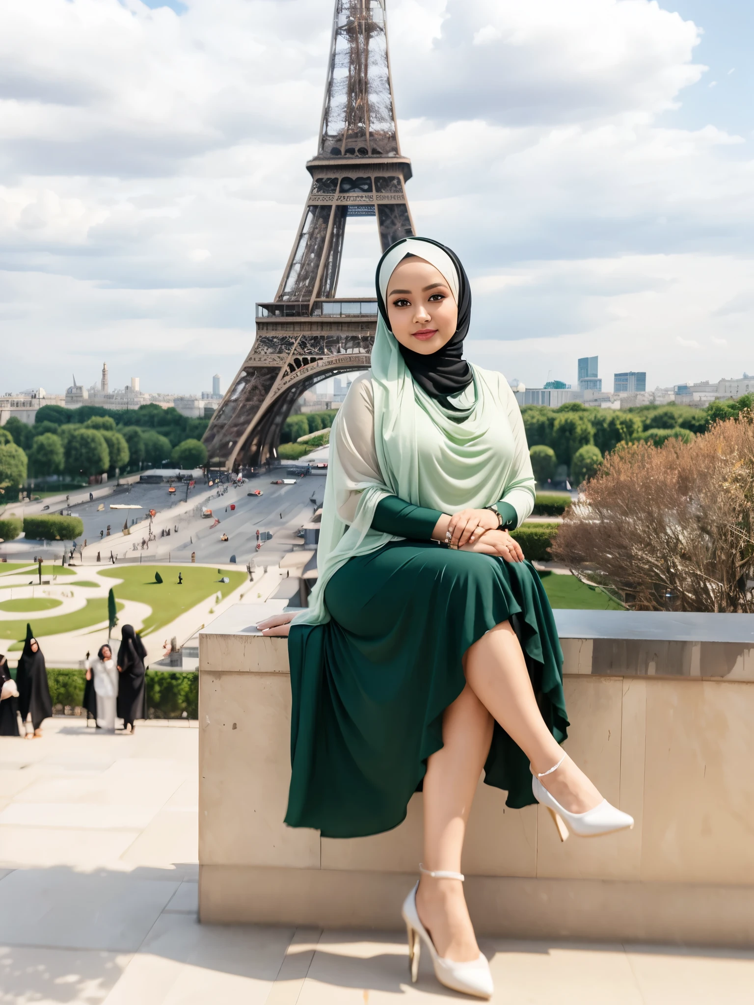 (masterpiece), best quality, malaysian woman,((35 years)), plump, wearing hijab, Masterpiece: 1.3, wearing pearl hijab, long skirt, heels, Masterpiece, Paris view background, bokeh,