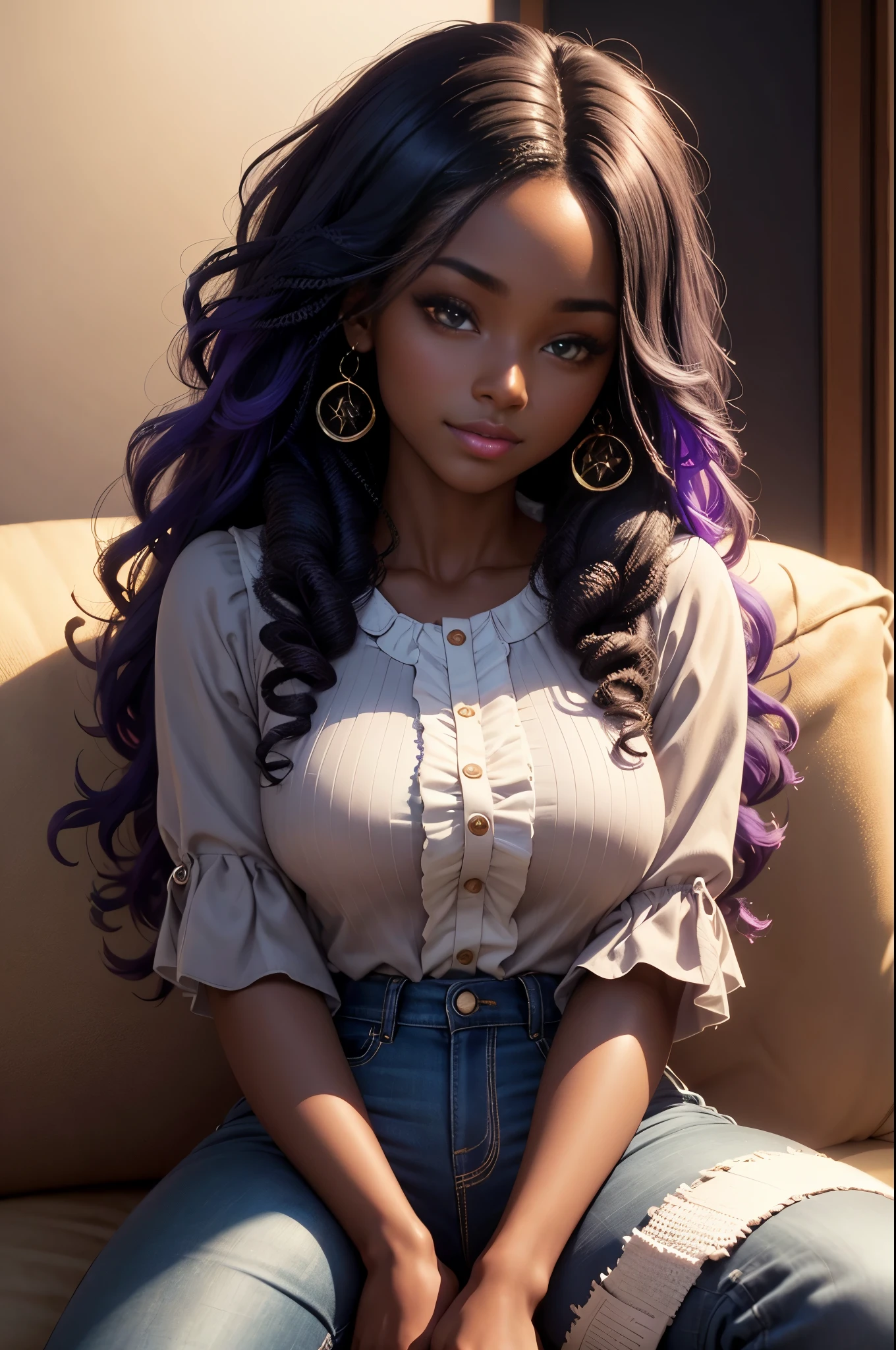 realistic portrait of a beautiful 22-year-old African-American girl ((dark skin color)) writing in a notebook, ((chibi)), cute smile, ((sitting on a living room couch)), wearing blouse and jeans, purple, current fashion, mega hair long curly hair, ((kanekalon)), (cinematic contour lighting), close-up, product visualization, detailed facial details, perfect face, sharpness, trending art, sharp facial details, cgsociety, very high quality digital art, exquisite hyper detail, 4k, 3d, 8k soft lighting, dreamy fashion