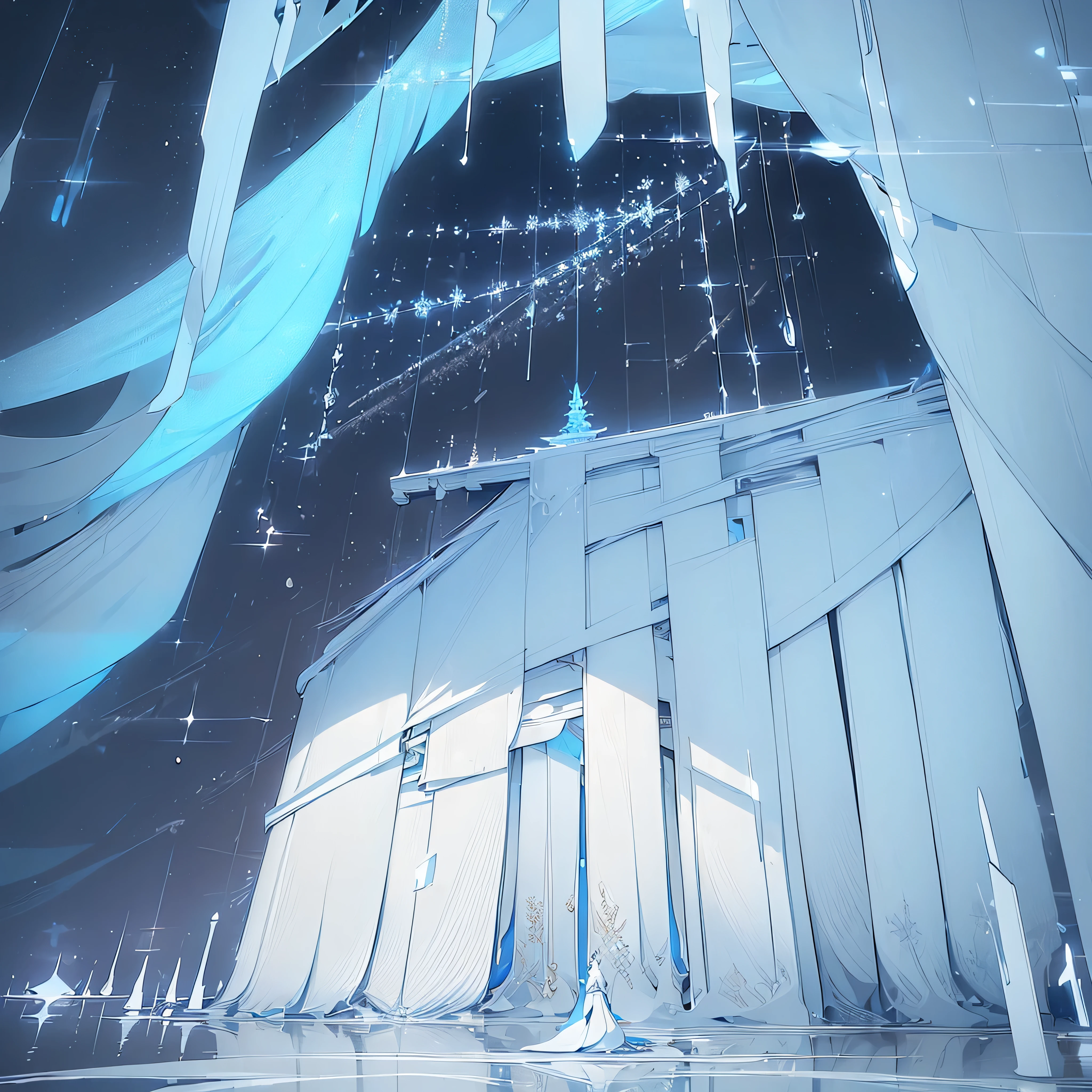 (Light blue-white tones,Shocking and magnificent uninhabited landscape,Silent Snow City World),quiet,healing feeling,((Falling white feathers)),snowflake crystal structure,(best quality,masterpiece,Extremely complex and exquisite details),scenography