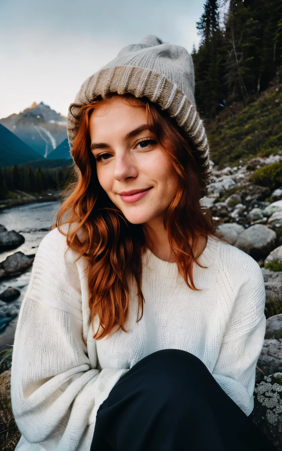 photorealistic, Best quality, hyper detailed, beautiful woman, redhead wavy hair, selfie photo, upper body, Alone, wearing sweater, outdoors, (night), mountains, real life nature, stars, Moon, (cheerful) , happy), sleeping bag, gloves, sweater, hat, flashlight, forest, rocks, river, wood, smoke, fog, clear sky, analog style, looking at viewer, skin texture, film grain, close up , ultra-high resolution, shadow best, RAW, Instagram LUT
