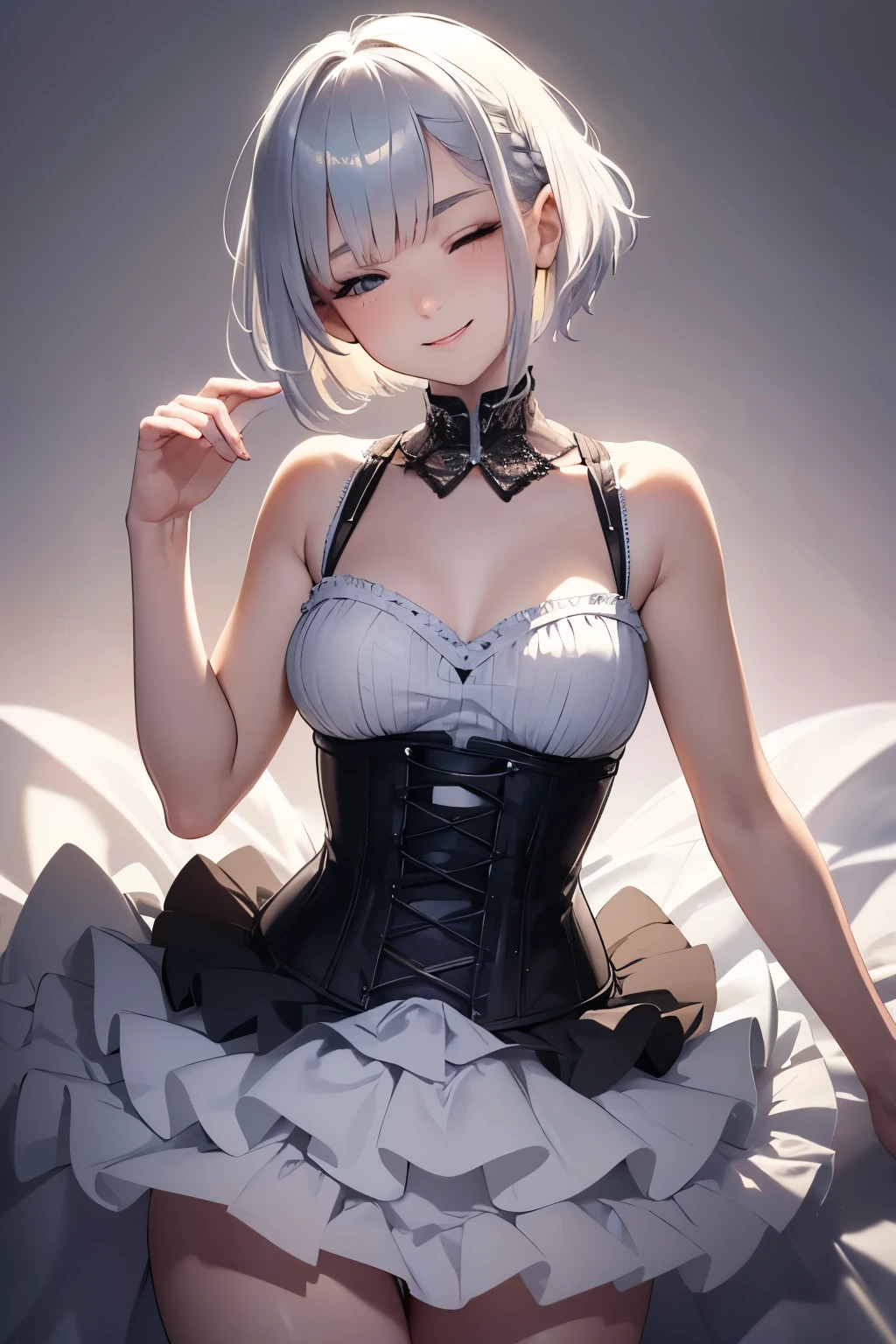 best quality, 32k, RAW photo, incredibly absurdres, extremely detailed, delicate texture, 18 years old cute girl, (close one eye:1.3), happy, shy, smile, iridescent platinum-silver messy pixie cut hair, side braided, wearing dress with corset and ruffled long skirt, superlative body proportion