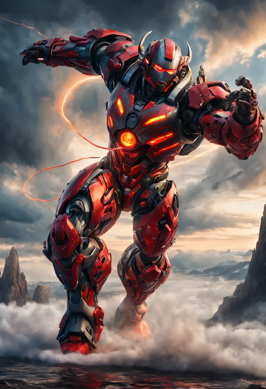 whole body, (中国of一名身穿机甲of战士 "storm red" shooting), (Wearing a zoom telescope on your head), Mecha Warrior is about 8 meters tall, 手里拿着巨大of. He was burly, and his whole body is made of dark gray superalloy 上面刻有复杂of线条和图案. This mecha has three arms, Each machine is equipped with titanium alloy hard rotating blades, 它是经过精心设计和制造of人造肌肉组织, 具有非凡of实力. Height about 8 meters，魁梧of体格. 它of整个机身由深灰色高温合金制成, 上面刻有复杂of线条和图案. 它of脚上装有耐化学腐蚀of装置, 它of腿后面有化学推进器,
futuristic future, Ice Age, of, nuclear, Orbiting, space, vein, hyper reality hyper reality,
破碎of金属, cyberpunk, atom punck, volcanic ash, realism, Sunset, Light, 逼真of照片, studio photography, human development report, 8k, personification, portrait, 史诗般ofLight, Light线追踪, Canon EOS 5D Mark III, 85mm, Volumetric Lighting, look up,
background：巨浪翻滚of大海，hurricane