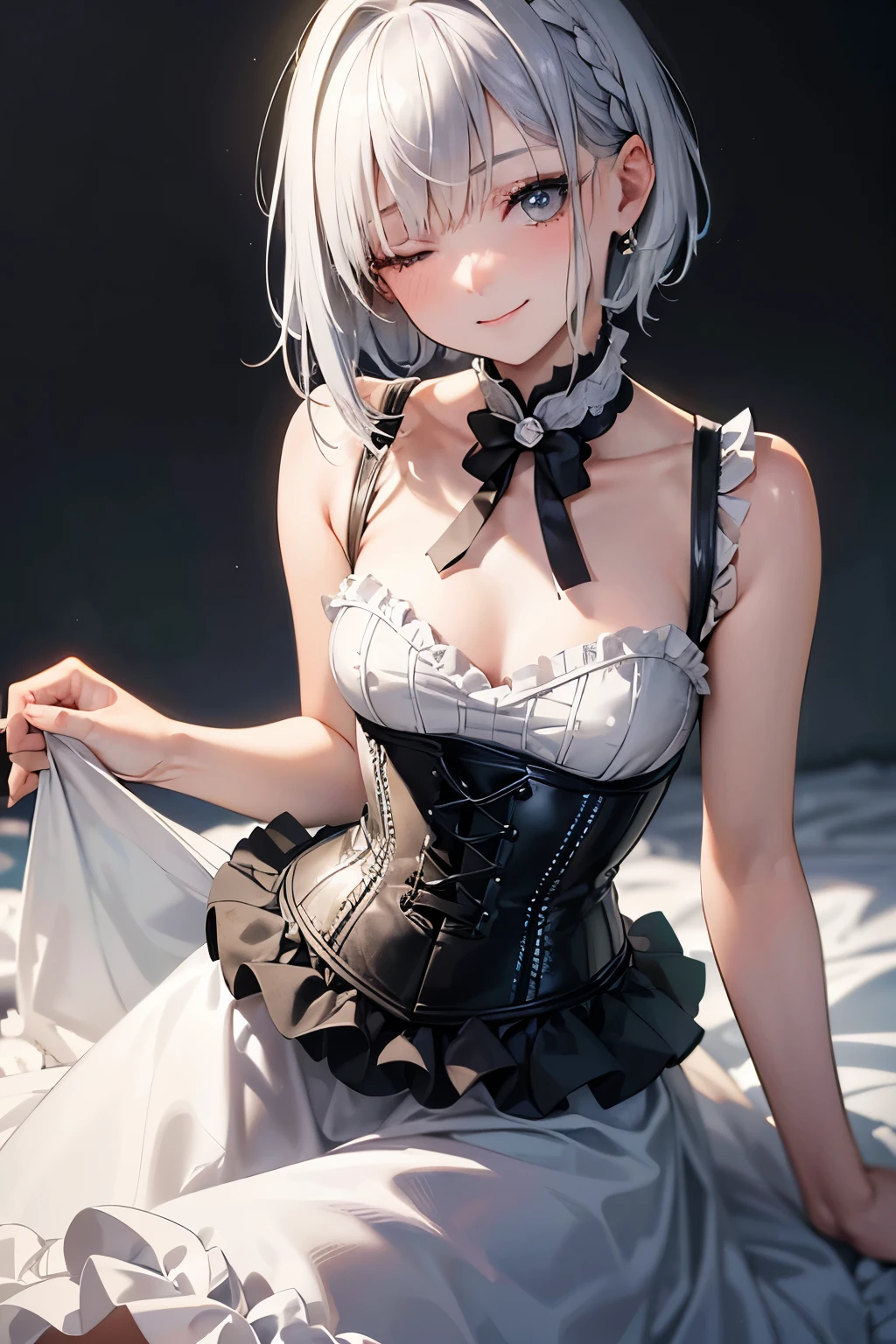 best quality, 32k, RAW photo, incredibly absurdres, extremely detailed, delicate texture, 18 years old cute girl, (close one eye:1.3), happy, shy, smile, iridescent platinum-silver messy pixie cut hair, side braided, wearing dress with corset and ruffled long skirt, superlative body proportion