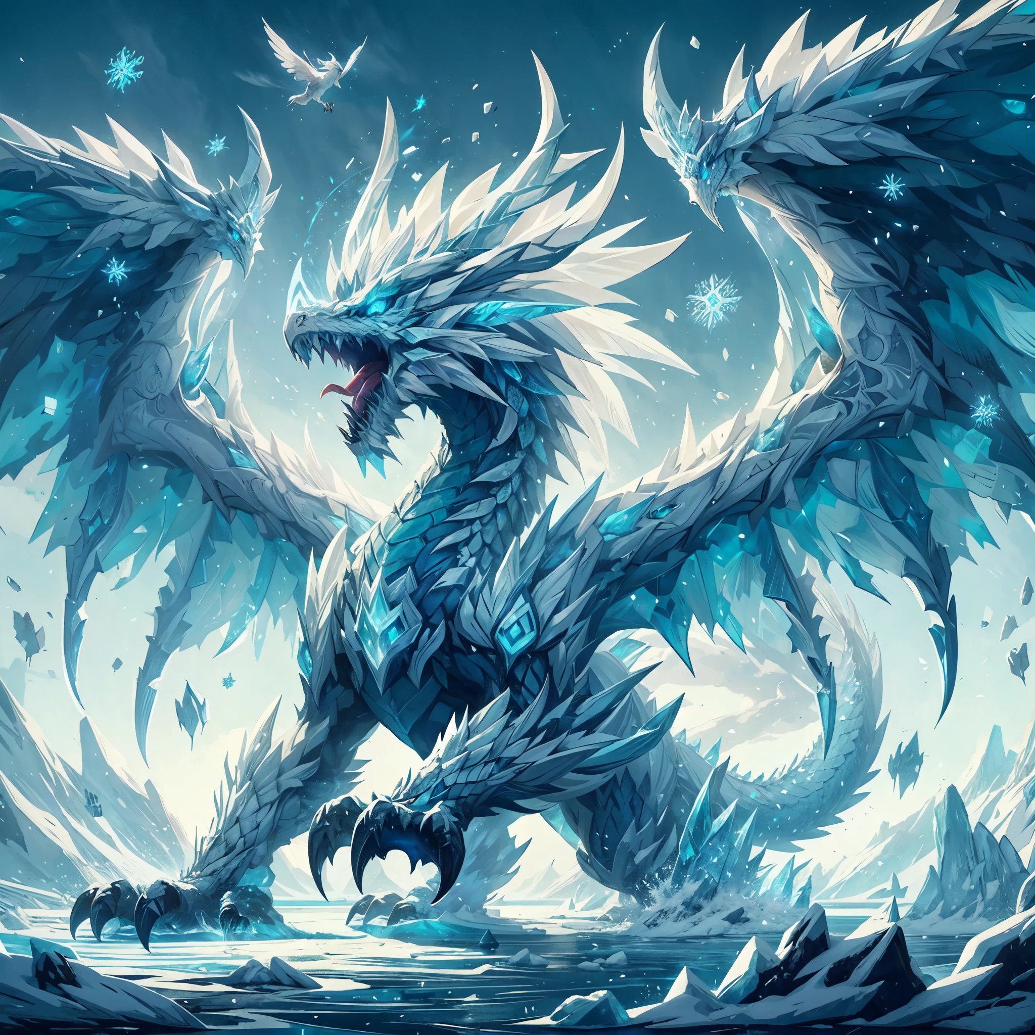 ,ARK,DnD fan art, fantasy, monster hunter,cold color palette,image of a glacial wyvern, glacial wings,colossal shape,medium long body, full body, brave pose, roaring, white scales,eternal ice blocks cover whole body, glacial spikes on the back,ice thorn on tail,sharp ice claws, glowing snowflakes symbol on wings,4 eyes, on a frosty land,super detailed glacial scales, battle aura, floating ice cubes, freezing snow storm, cold dragon breath 