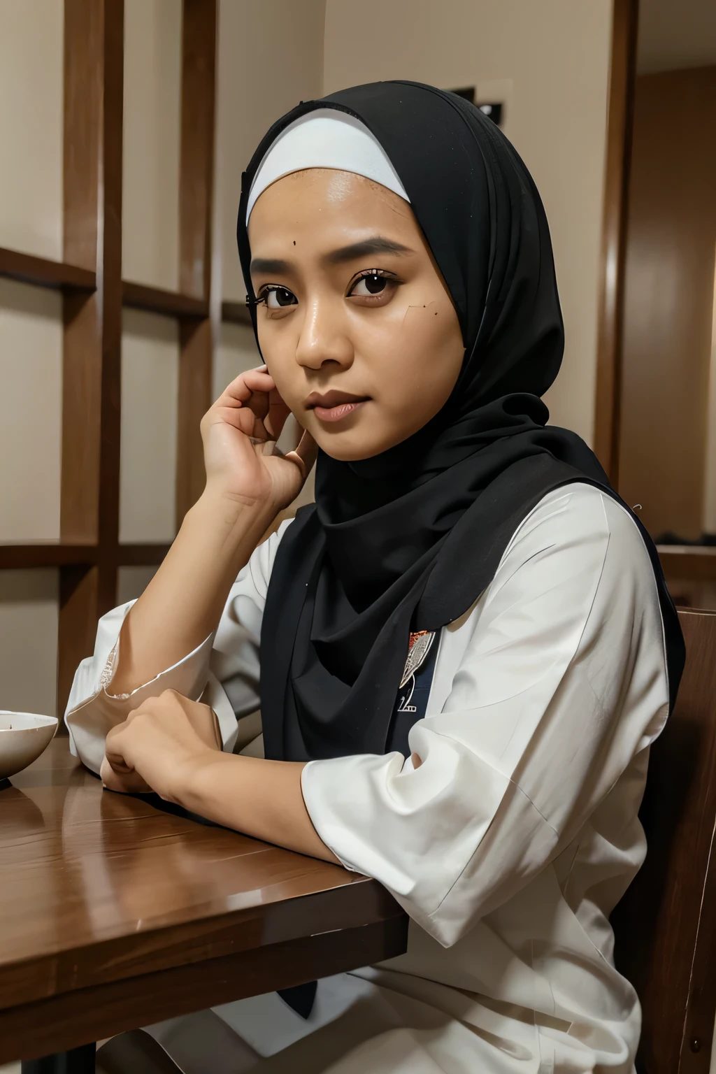 Seorang gadis Indonesia memakai jilbab duduk di sebuah restoran, di depan meja, melihat kamera. Di meja banyak makanan Indonesia, es teh manis dengan gelas besar. Latar belakang nya beberapa orang sedang makan, hiasan dinding. Gambar sangat realistik nyata. Ultra HD, 8k. Hasil photographer profesional. Full shot image. Detail sangat rumit.