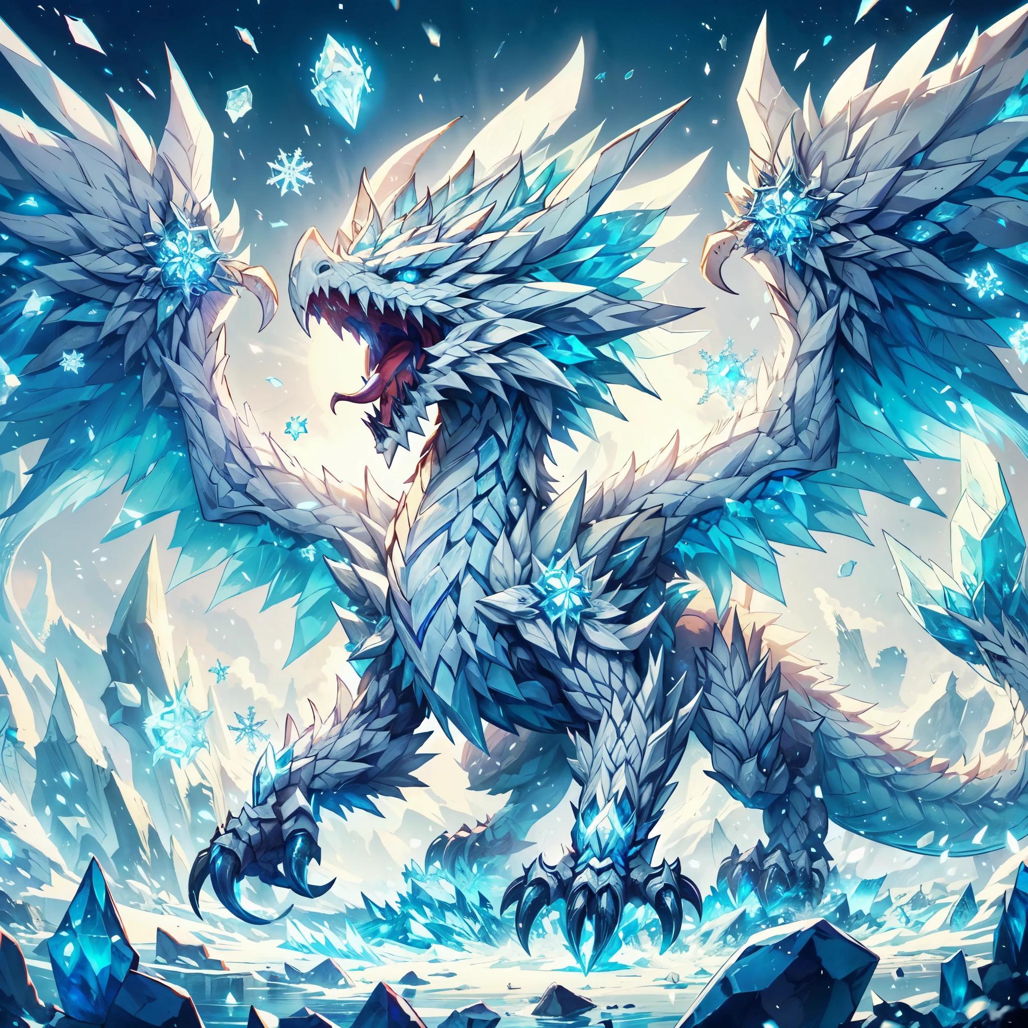 ,ARK,DnD fan art, fantasy, monster hunter,cold color palette,image of a glacial wyvern, glacial wings,colossal shape,medium long body, full body, brave pose, roaring, white scales,eternal ice blocks cover whole body, glacial spikes on the back,ice thorn on tail,sharp ice claws, glowing snowflakes symbol on wings,4 eyes, on a frosty land,super detailed glacial scales, battle aura, floating ice cubes, freezing snow storm, cold dragon breath 