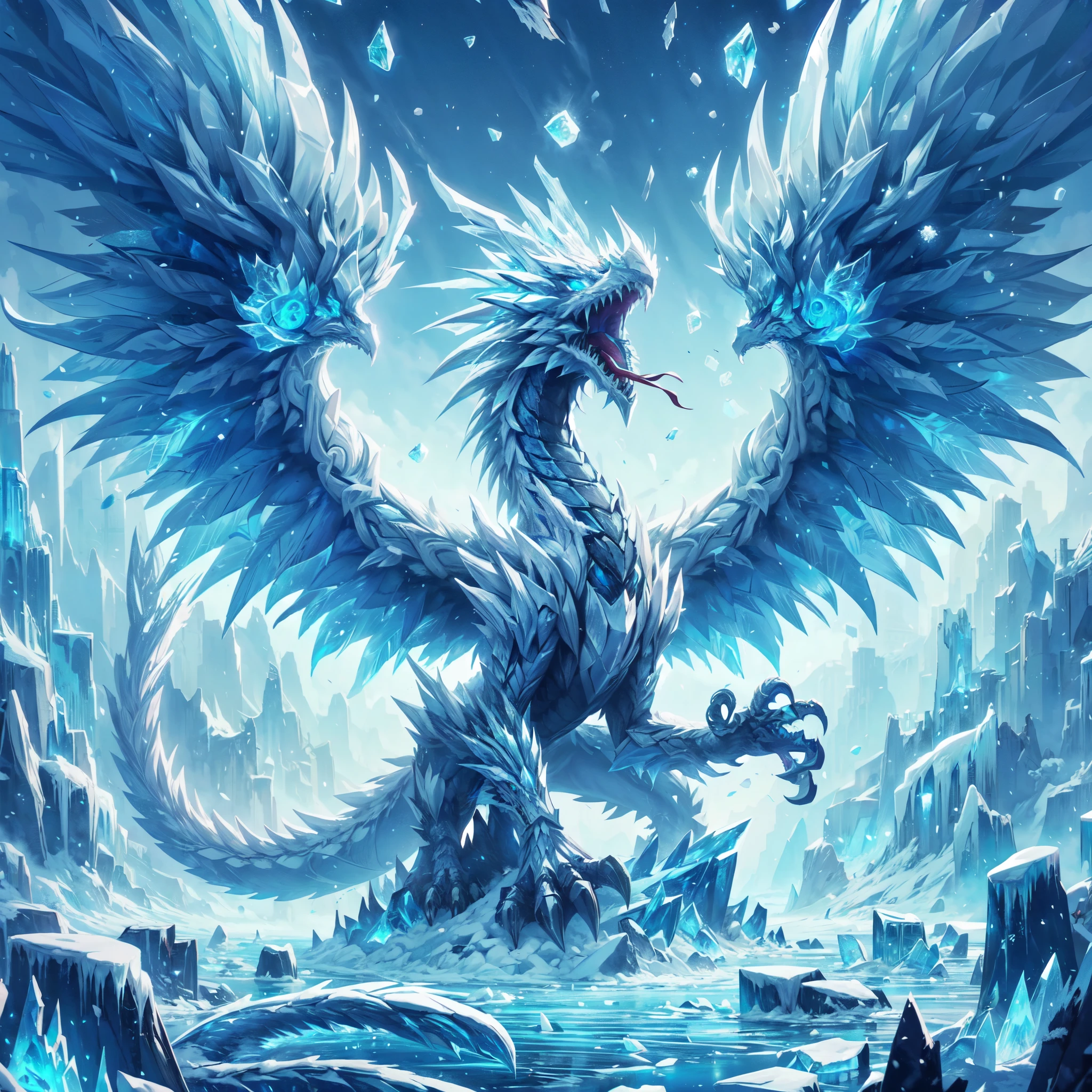 ,ARK,DnD fan art, fantasy, monster hunter,cold color palette,image of a glacial wyvern, glacial wings,colossal shape,medium long body, full body, brave pose, roaring, white scales,eternal ice blocks cover whole body, glacial spikes on the back,ice thorn on tail,sharp ice claws, glowing snowflakes symbol on wings,4 eyes, on a frosty land,super detailed glacial scales, battle aura, floating ice cubes, freezing snow storm, cold dragon breath 