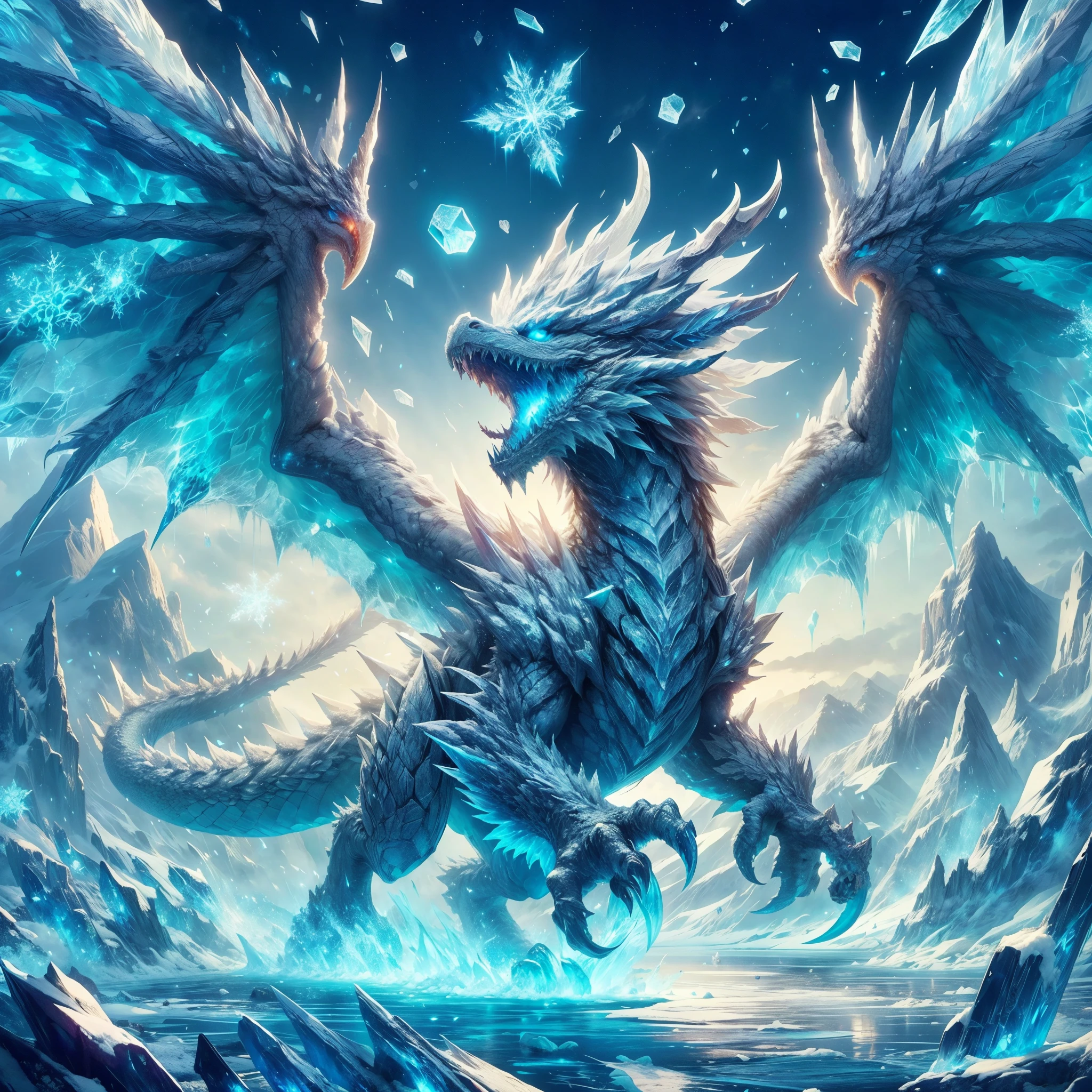 ,ARK,DnD fan art, fantasy, monster hunter,cold color palette,image of a glacial wyvern, glacial wings,colossal shape,medium long body, full body, brave pose, roaring, white scales,eternal ice blocks cover whole body, glacial spikes on the back,ice thorn on tail,sharp ice claws, glowing snowflakes symbol on wings,4 eyes, on a frosty land,super detailed glacial scales, battle aura, floating ice cubes, freezing snow storm, cold dragon breath 