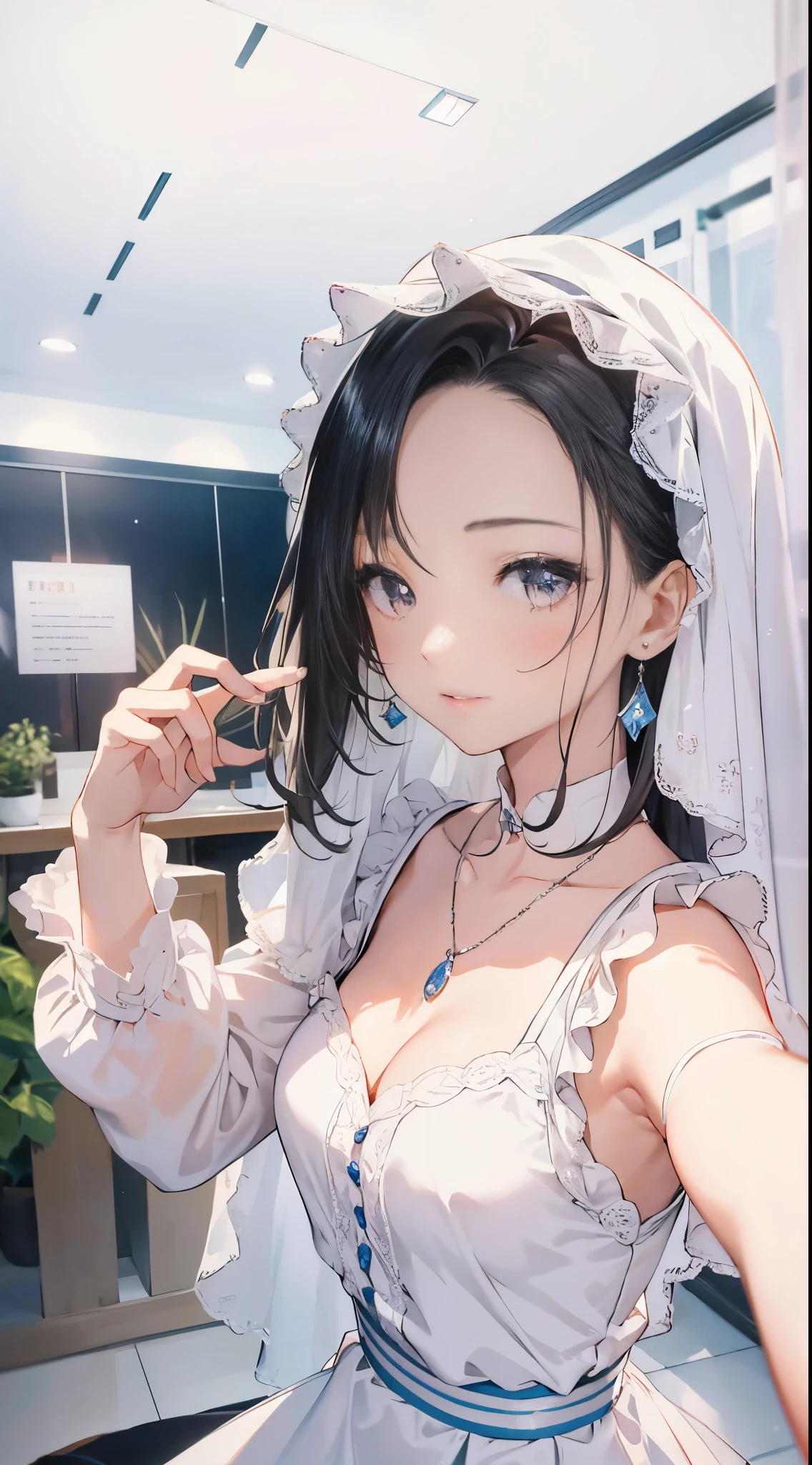 Selfie in front of the mirror,  Dilireba, xintong chen, Xision Wu, sakimicchan, qifeng lin, Urzan, 19 year old girl, guweiz, yanjun chengt, 27 years old,,Gray suspenders,Silver necklace,16k ultra-fine CG wallpaper, masterpiece, Excellent picture quality, Super exquisite), (Excellent light and shadow, Exquisite and beautiful), real smooth skin, bright face, 18K close-up perfect display, Change, Lovely, Girl in delicate sleeveless shirt and long skirt, Lying prone on the big white bed, Colorful jewel-like eyes.