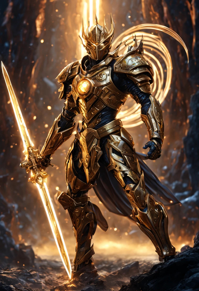
            Golden stunning mechanical warrior with glowing crystal sword fighting stance, attack posture, Sword holding posture,

               Abstract background magic swirl with sophisticated features in a sci-fi environment,灯光 hyper-realistic  实际的, High detail style dynamic lighting pro is intricate,Super detailed, Realistic rendering, Unreal Engine, hyper-realistic, lifelike,  fantasy, epic work, masterpiece