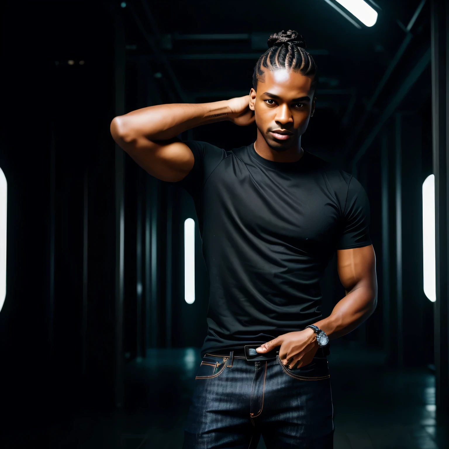 man posing for a photo, wearing elegant, blue jeans pants and black t-shirt, light black skin,  good hand, 4k, high-res, masterpiece, best quality, head:1.3,((Hasselblad photography)), finely detailed skin, sharp focus, (cinematic lighting), night, soft lighting, dynamic angle, [:(detailed face:1.2):0.2],(((futuristic city))), no tattoos, braided hair tied in a ponytail.