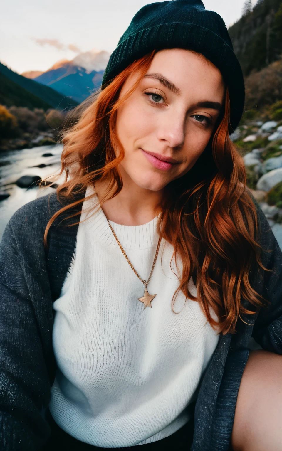 photorealistic, Best quality, hyper detailed, beautiful woman, redhead wavy hair, selfie photo, upper body, Alone, wearing sweater, outdoors, (night), mountains, real life nature, stars, Moon, (cheerful) , happy), sleeping bag, gloves, sweater, hat, flashlight, forest, rocks, river, wood, smoke, fog, clear sky, analog style, looking at viewer, skin texture, film grain, close up , ultra-high resolution, shadow best, RAW, Instagram LUT