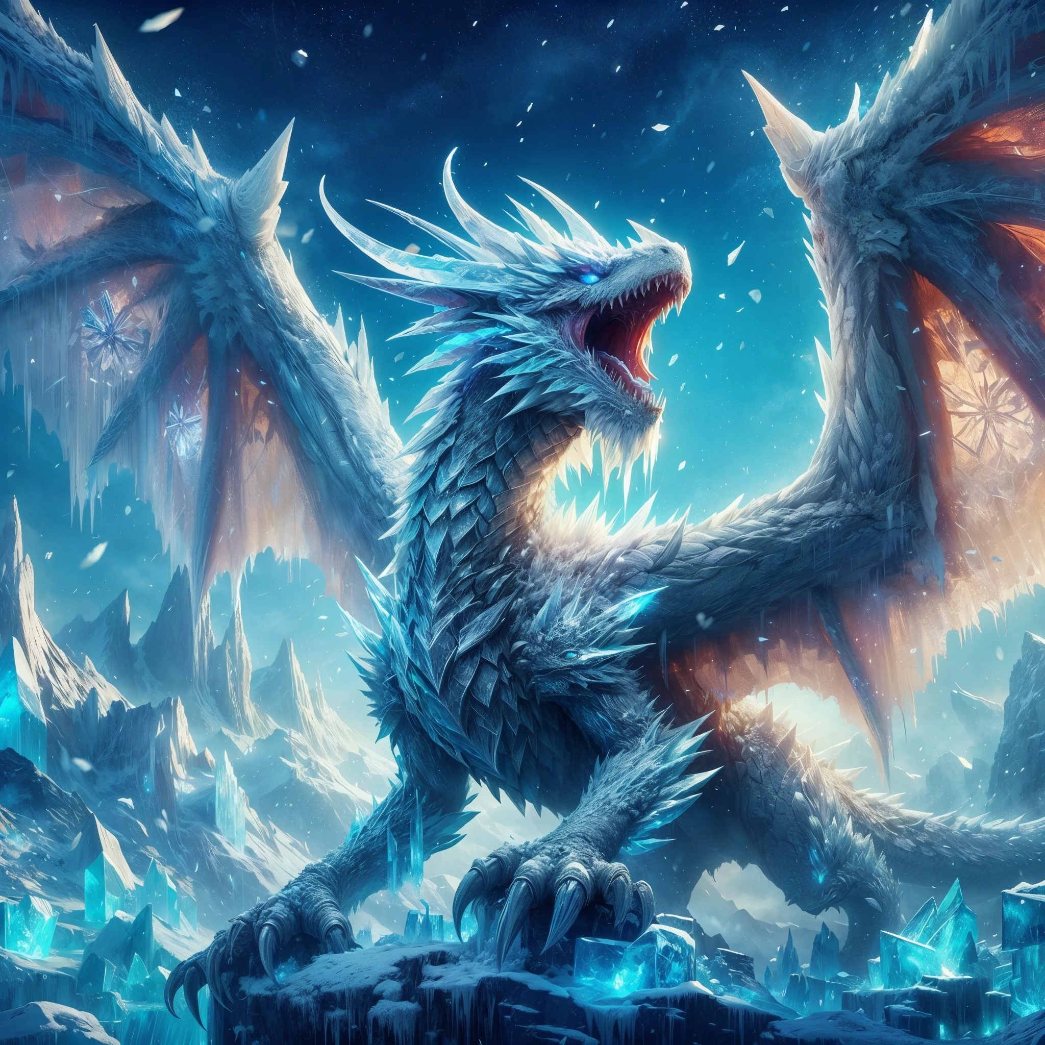 ,ARK,DnD fan art, fantasy, monster hunter,cold color palette,image of a glacial wyvern, glacial wings,colossal shape,medium long body, full body, brave pose, roaring, white scales,eternal ice blocks cover whole body, glacial spikes on the back,ice thorn on tail,sharp ice claws, glowing snowflakes symbol on wings,4 eyes, on a frosty land,super detailed glacial scales, battle aura, floating ice cubes, freezing snow storm, cold dragon breath 