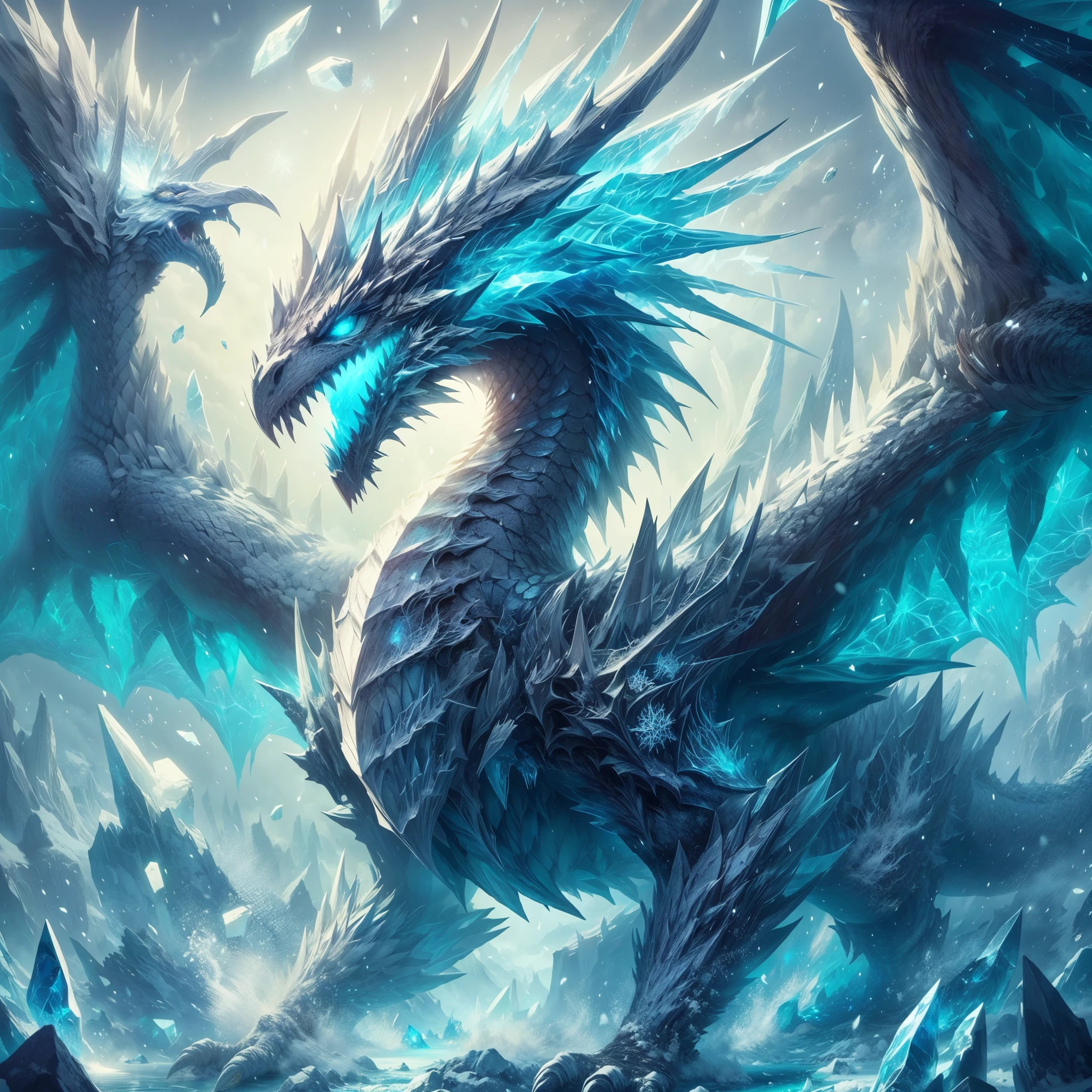 ,ARK,DnD fan art, fantasy, monster hunter,cold color palette,image of a glacial wyvern, glacial wings,colossal shape,medium long body, full body, brave pose, roaring, white scales,eternal ice blocks cover whole body, glacial spikes on the back,ice thorn on tail,sharp ice claws, glowing snowflakes symbol on wings,4 eyes, on a frosty land,super detailed glacial scales, battle aura, floating ice cubes, freezing snow storm, cold dragon breath 