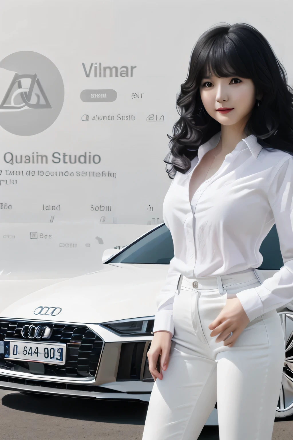imagen realista, 30 year old woman in white shirt and black pants standing next to a white car, 3 d , Tendencias de renderizado 3D en ArtStation, con tema AI, tendencia en ArtStation, Como tendencia en ArtStation, Personaje 3D realista, inspirado en Ai Xuan, Trend Art Station
