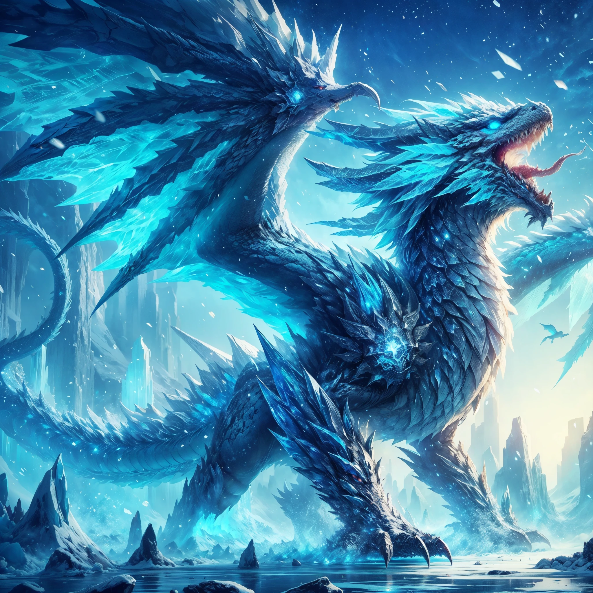 ,ARK,DnD fan art, fantasy, monster hunter,cold color palette,image of a glacial wyvern, glacial wings,colossal shape,medium long body, full body, brave pose, roaring, white scales,eternal ice blocks cover whole body, glacial spikes on the back,ice thorn on tail,sharp ice claws, glowing snowflakes symbol on wings,4 eyes, on a frosty land,super detailed glacial scales, battle aura, floating ice cubes, freezing snow storm, cold dragon breath 