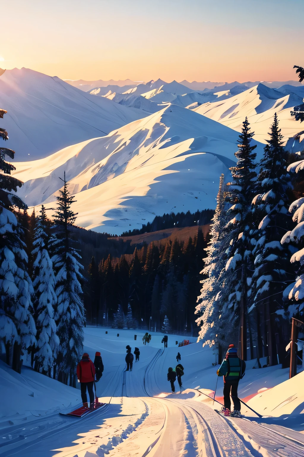 Ski resort, snow, mountains, forest, people going down the mountain on a snowboard