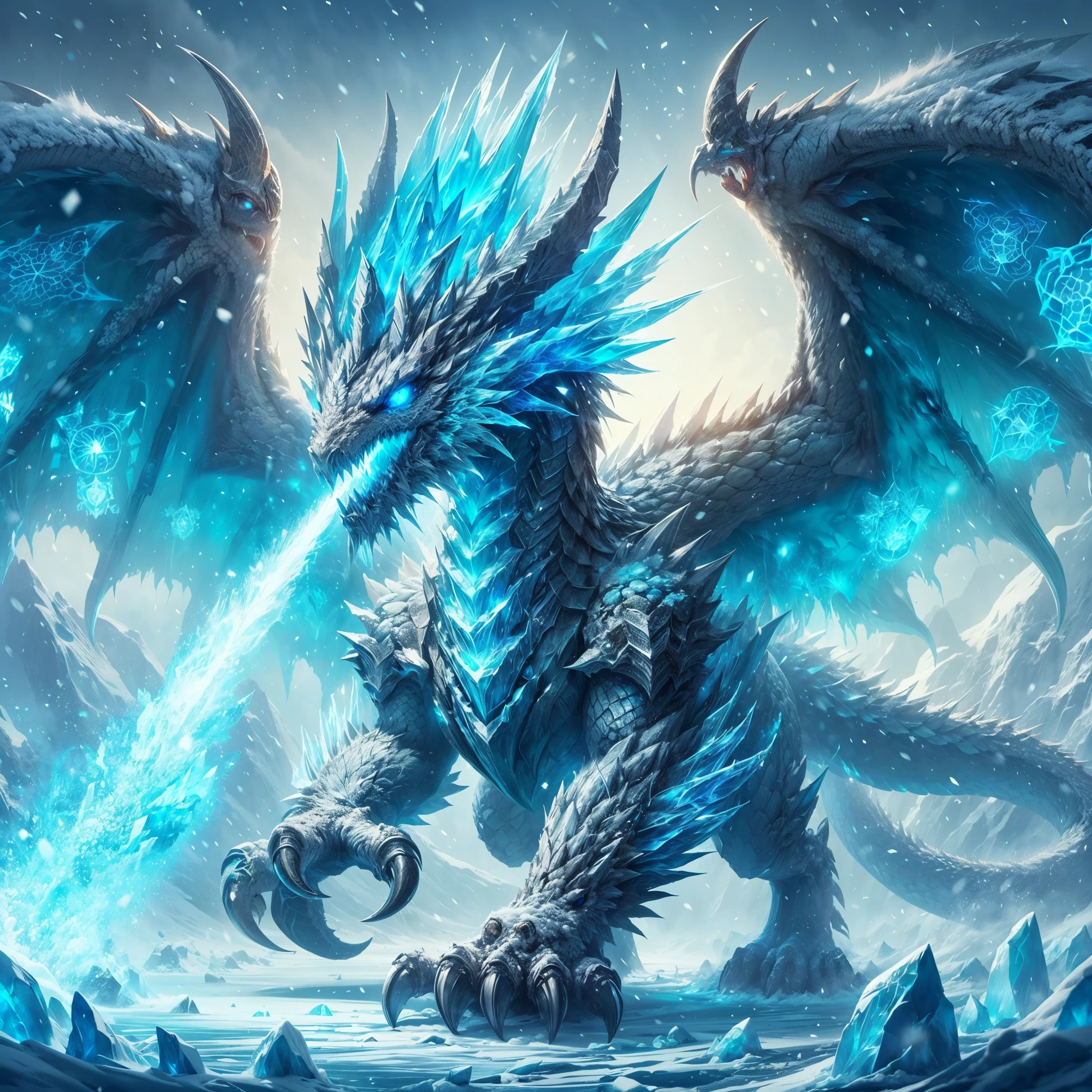 ,ARK,DnD fan art, fantasy, monster hunter,cold color palette,image of a glacial wyvern, glacial wings,colossal shape,medium long body, full body, brave pose, roaring, white scales,eternal ice blocks cover whole body, glacial spikes on the back,ice thorn on tail,sharp ice claws, glowing snowflakes symbol on wings,4 eyes, on a frosty land,super detailed glacial scales, battle aura, floating ice cubes, freezing snow storm, cold dragon breath 