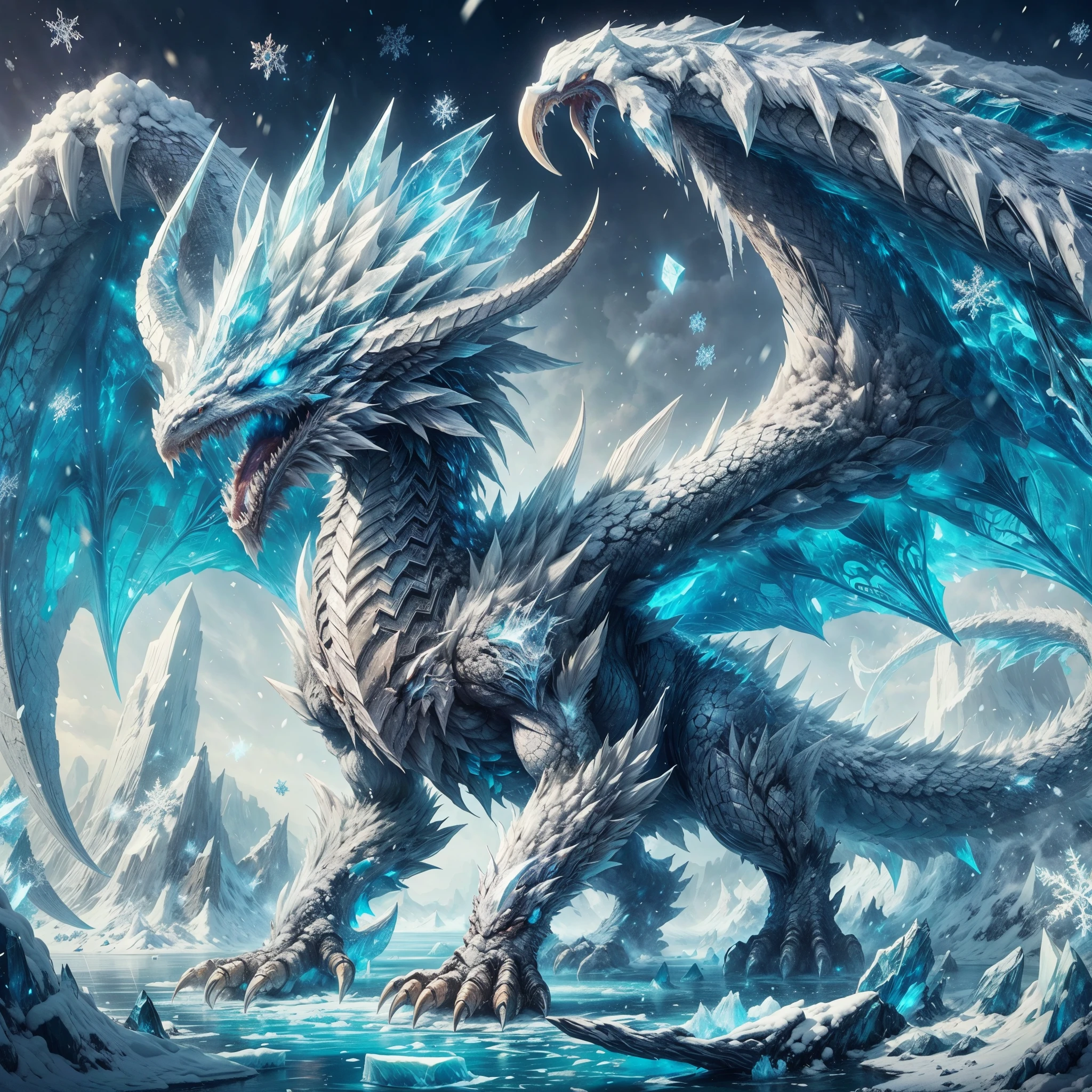 ,ARK,DnD fan art, fantasy, monster hunter,cold color palette,image of a glacial wyvern, glacial wings,colossal shape,medium long body, full body, brave pose, roaring, white scales,eternal ice blocks cover whole body, glacial spikes on the back,ice thorn on tail,sharp ice claws, glowing snowflakes symbol on wings,4 eyes, on a frosty land,super detailed glacial scales, battle aura, floating ice cubes, freezing snow storm, cold dragon breath 