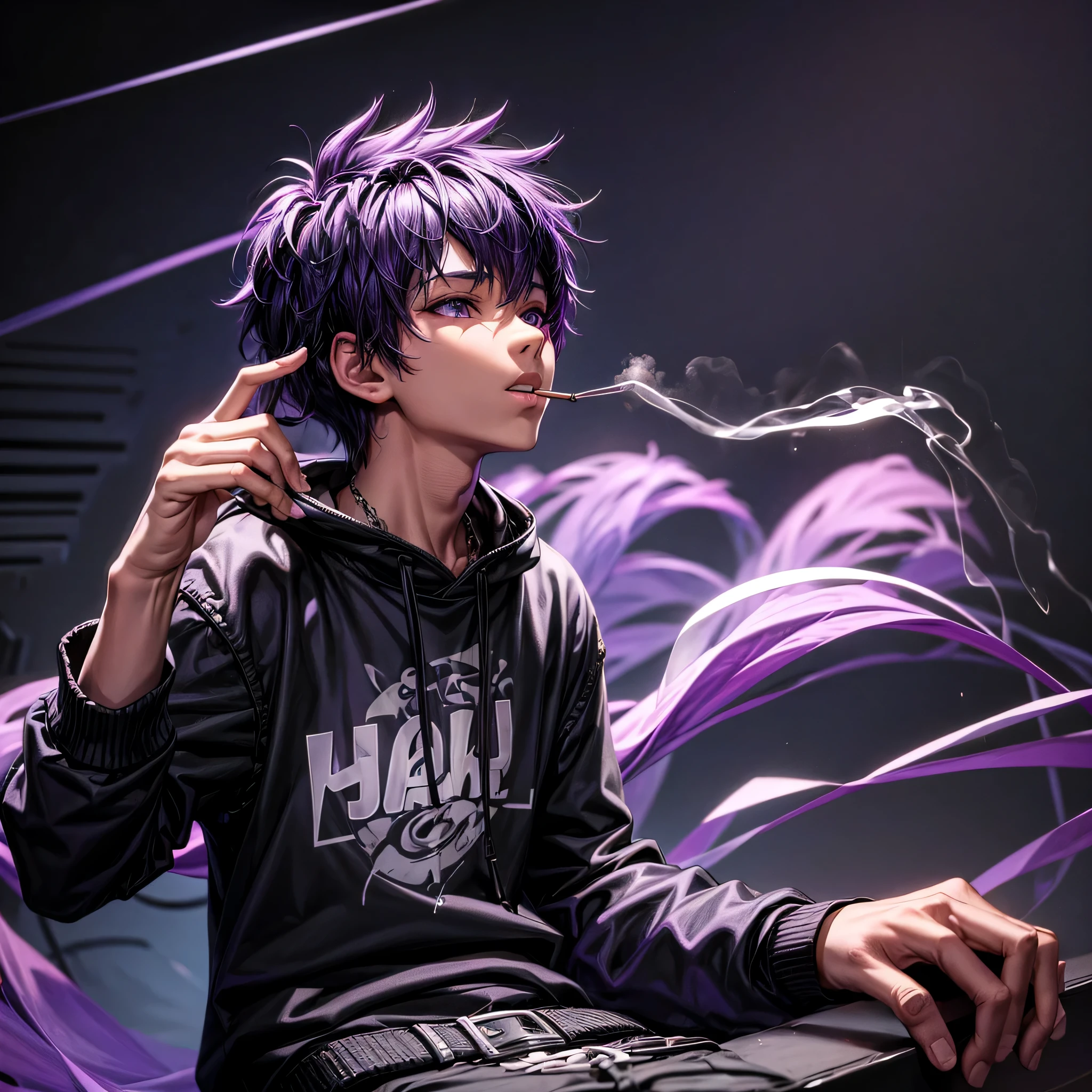 {{masterpiece}}, The best quality of life,((White background)) 、good looking, alone, 1 male, short hair, Black hair with purple tips,Gradient Hair、Purple and yellow eyes, Black hoodie、Cowboy Shot、smoking