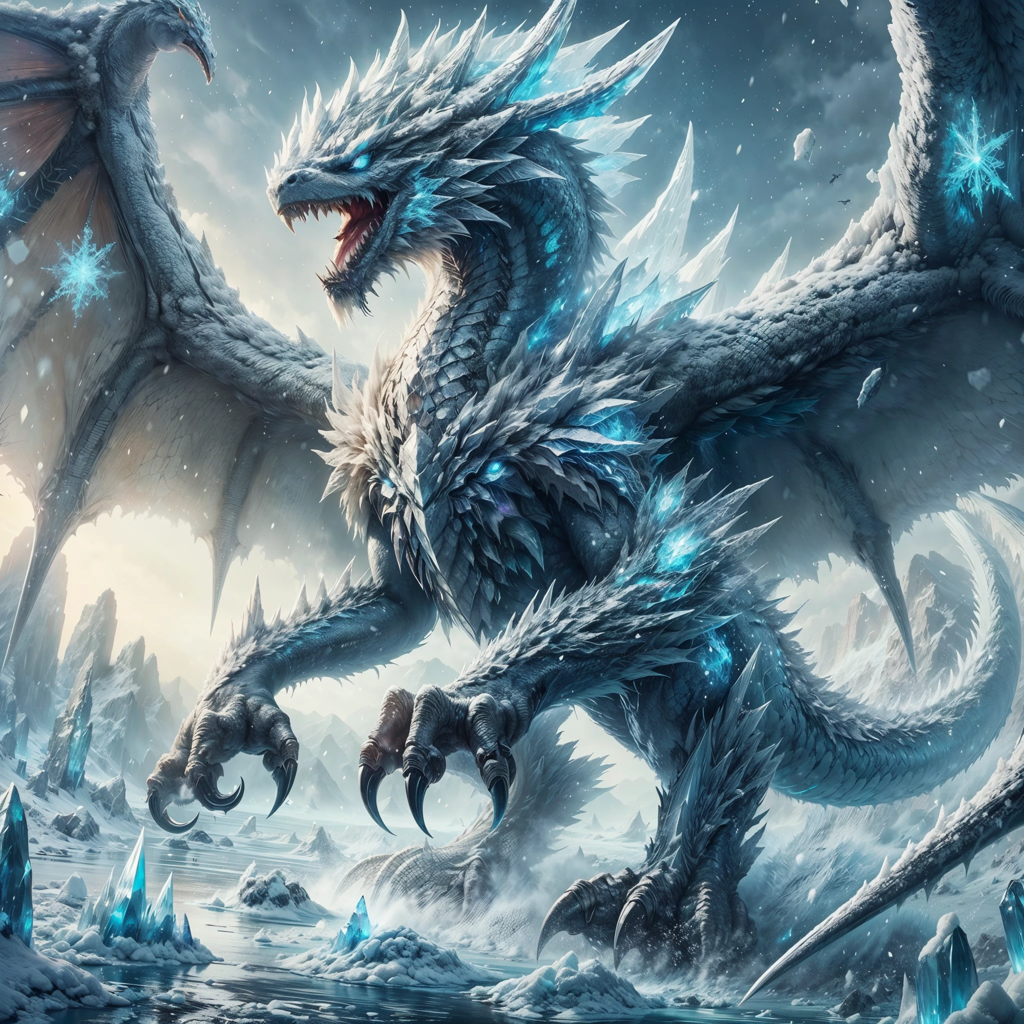 ,ARK,DnD fan art, fantasy, monster hunter,cold color palette,image of a glacial wyvern, glacial wings,colossal shape,medium long body, full body, brave pose, roaring, white scales,eternal ice blocks cover whole body, glacial spikes on the back,ice thorn on tail,sharp ice claws, glowing snowflakes symbol on wings,4 eyes, on a frosty land,super detailed glacial scales, battle aura, floating ice cubes, freezing snow storm, cold dragon breath 