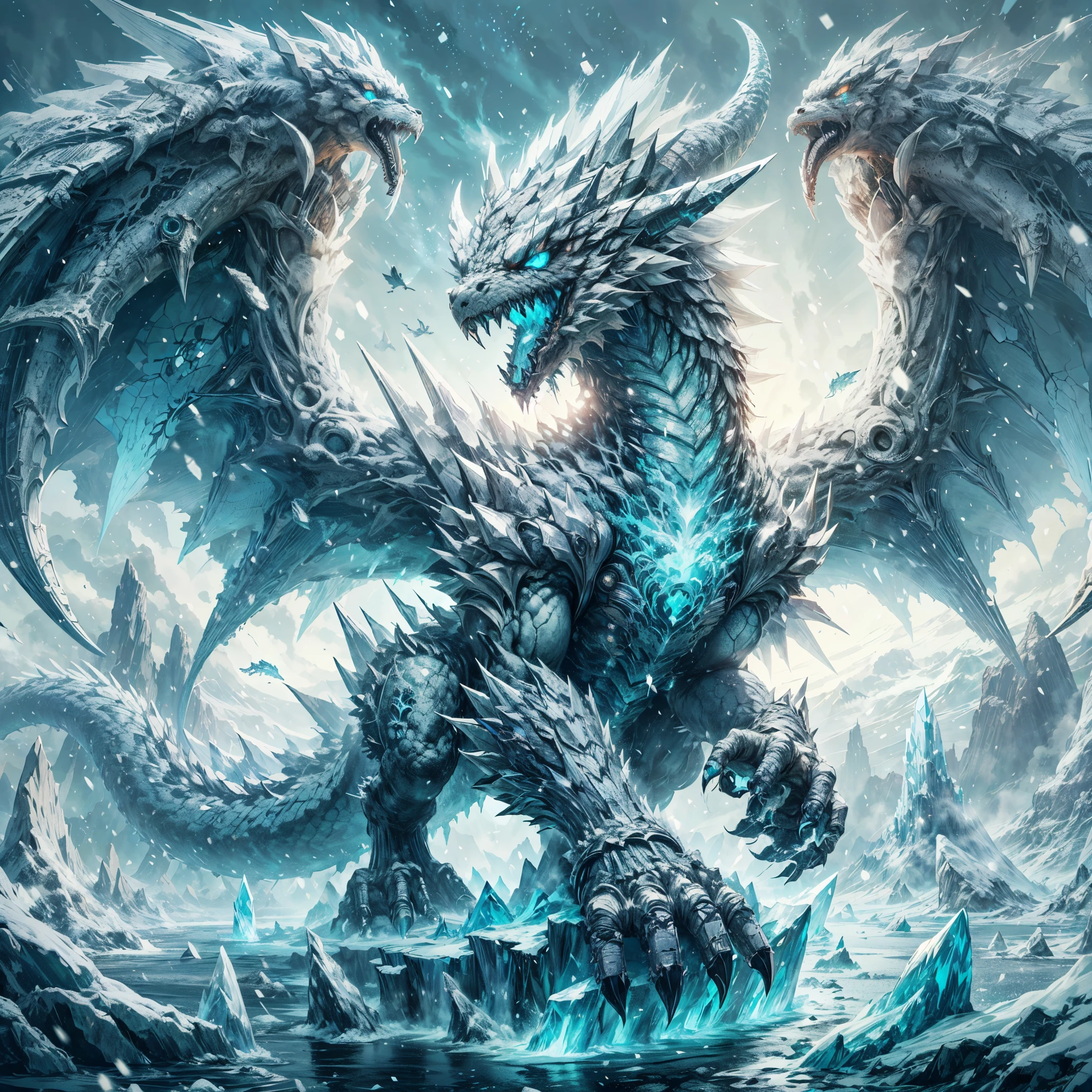 ,ARK,DnD fan art, fantasy, monster hunter,cold color palette,image of a glacial wyvern, glacial wings,colossal shape,medium long body, full body, brave pose, roaring, white scales,eternal ice blocks cover whole body, glacial spikes on the back,ice thorn on tail,sharp ice claws, glowing snowflakes symbol on wings,4 eyes, on a frosty land,super detailed glacial scales, battle aura, floating ice cubes, freezing snow storm, cold dragon breath 