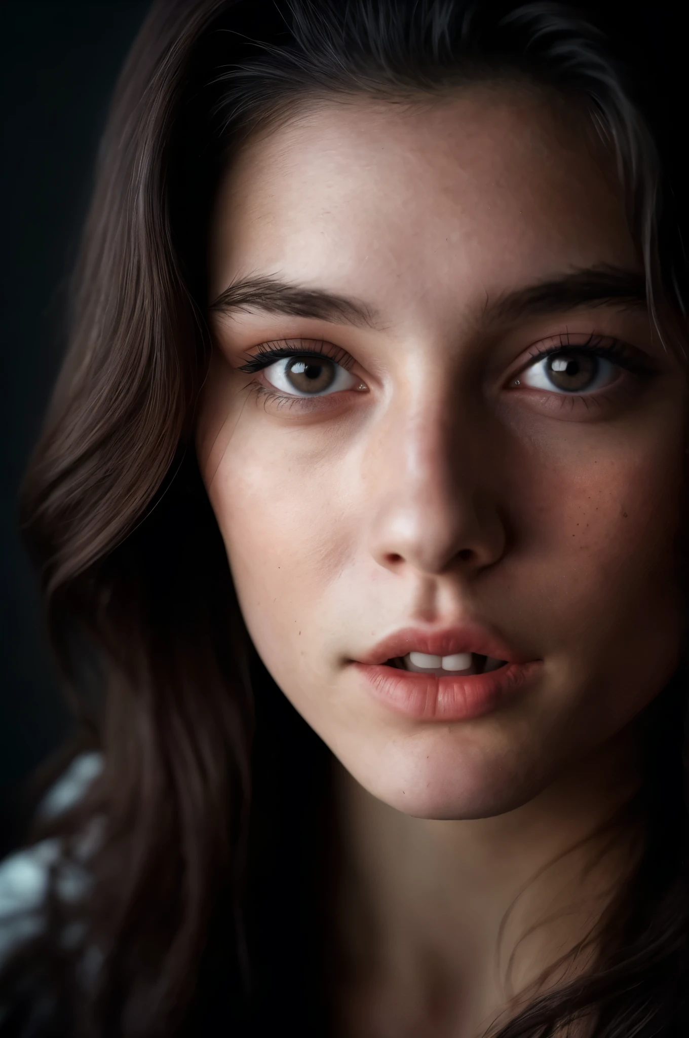 (editorial photograph of a 21 year old woman),  (Smile:0.7) (Hintergrund innen dunkel, launisch, privates Studium:1.3) POV, von Lee Jeffries, Nikon D850, Filmarchivfoto ,4 Kodak Portra 400 ,Kamera f1.6 Objektiv ,Satte Farben ,hyperrealistisch ,Lebensechte Textur, dramatische Beleuchtung , Cinestill 800,
