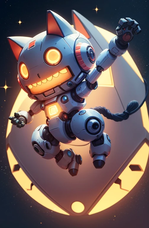 a cute mecha, robot cat, mecha, no humans, action pose, night cty