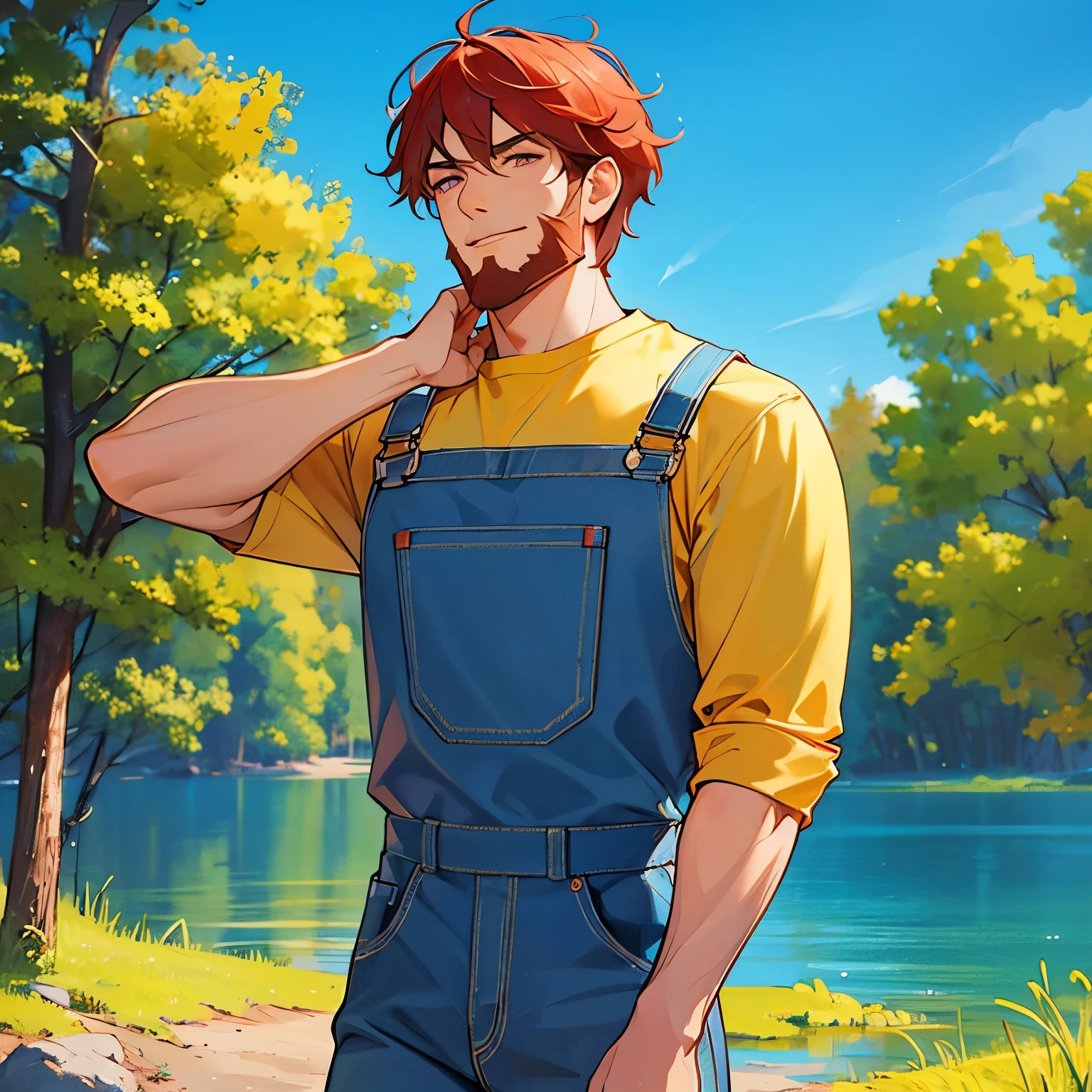 
(masterpiece), 1boy, best quality, expressive eyes, perfect face, muscular and adult Man, red hair BREAK messy hair, short hair BREAK beard, pink eyes BREAK light smile, yellow shirt BREAK blue overalls BREAK lake, forest, standing, outdoors, forest, lake, blue sky, upper body 
