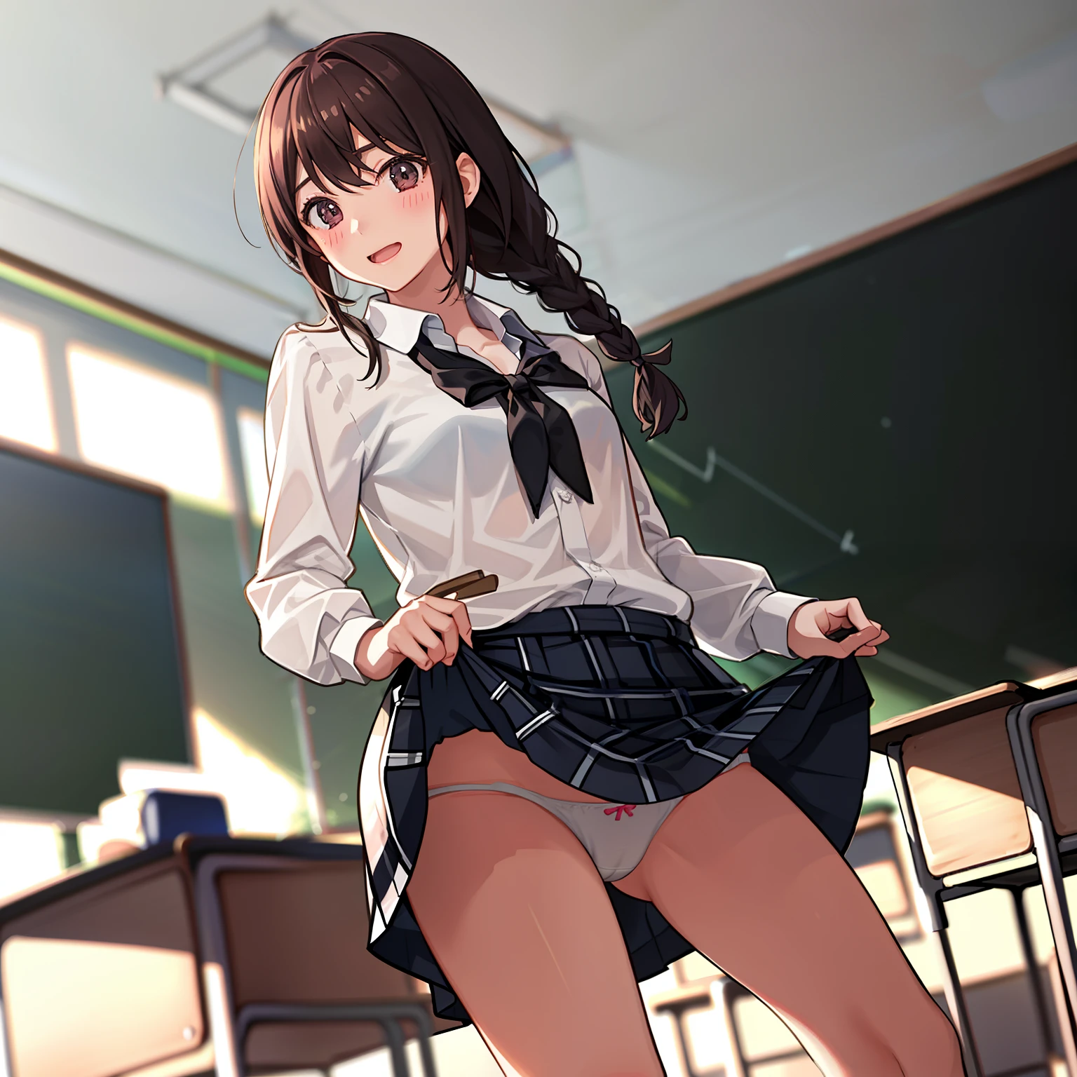 ((1 girl))、laughter、blush、shirt、のskirt、、((fun))(small breasts)、chiralism、black hair、(single braid)、(黒いskirt:1.3)、bow, button, 襟の付いたshirt, long sleeve, マイクロskirt, プリーツskirt、(Jacket)、 skirt, socks, thighs, 白い shirt, Rest indoors, ((classroom:1.5))、 BREAK looking at viewer、skirtの破れ,(skirtを掴む:1.5)、 (perfect hands, perfect anatomy),cowboy shot、(skirt lift:1.3),(Very detailed white panties:1.3)、(Very detailed panties:1.3)、、(skirt that rolls up:1.3)、(fully exposed panties:1.5)、