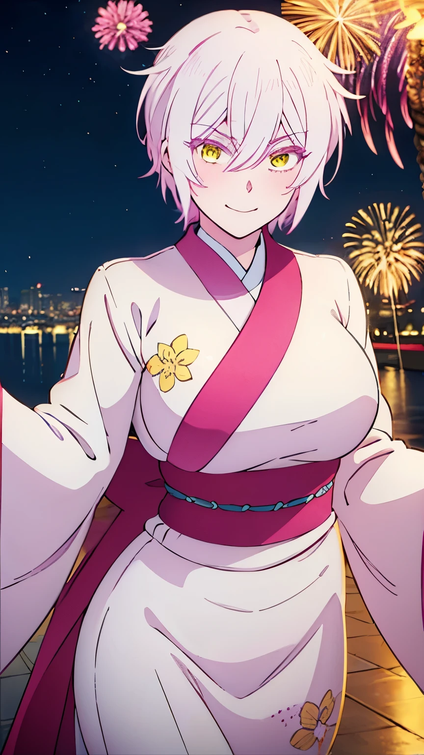 1gril,Jeanne, short pink hair, detailed golden yellow eyes, detailed eyes, pinkish white skin, happy smiling face expression, white yukata with white details, sexy,Night background, colorful fireworks in the sky, good lighting, good shadows, detailed, 8k, sharp, Beautiful hands, back facing pose, shaking hands with open palm, ,Well drawn, (no errors)