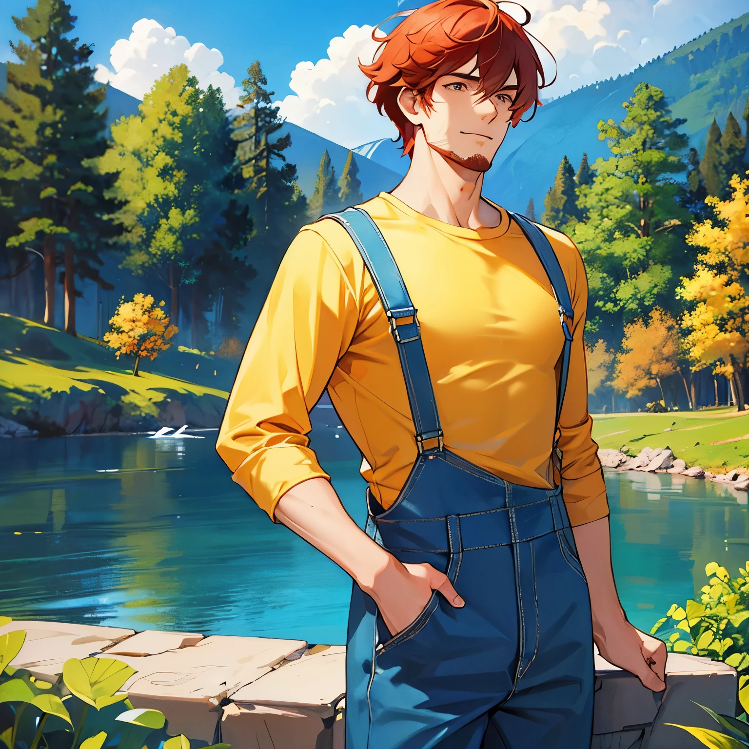 
(masterpiece), 1boy, best quality, expressive eyes, perfect face, muscular and adult Man, red hair BREAK messy hair, short hair BREAK beard, pink eyes BREAK light smile, yellow shirt BREAK blue overalls BREAK lake, forest, standing, outdoors, forest, lake, blue sky 
