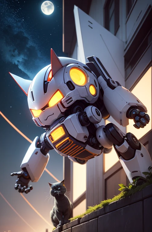 a cute mecha, happy robot cat, mecha, no humans, leaping forward, night cty