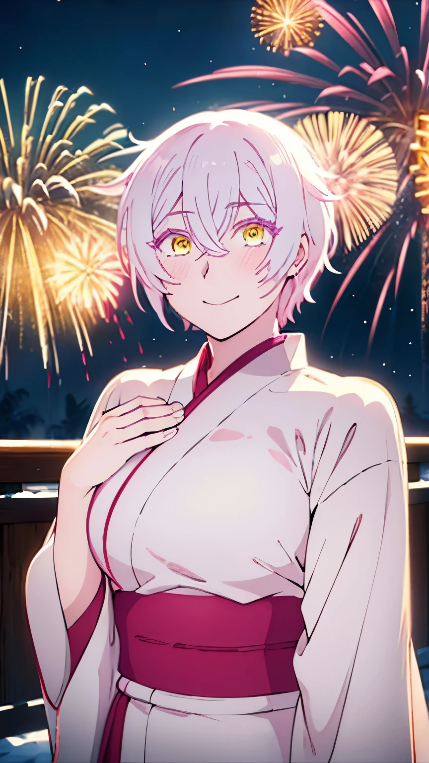 1gril,Jeanne, short pink hair, detailed golden yellow eyes, detailed eyes, pinkish white skin, happy smiling face expression, white yukata with white details, sexy,Night background, colorful fireworks in the sky, good lighting, good shadows, detailed, 8k, sharp, Beautiful hands, back facing pose, shaking hands with open palm, ,Well drawn, (no errors)