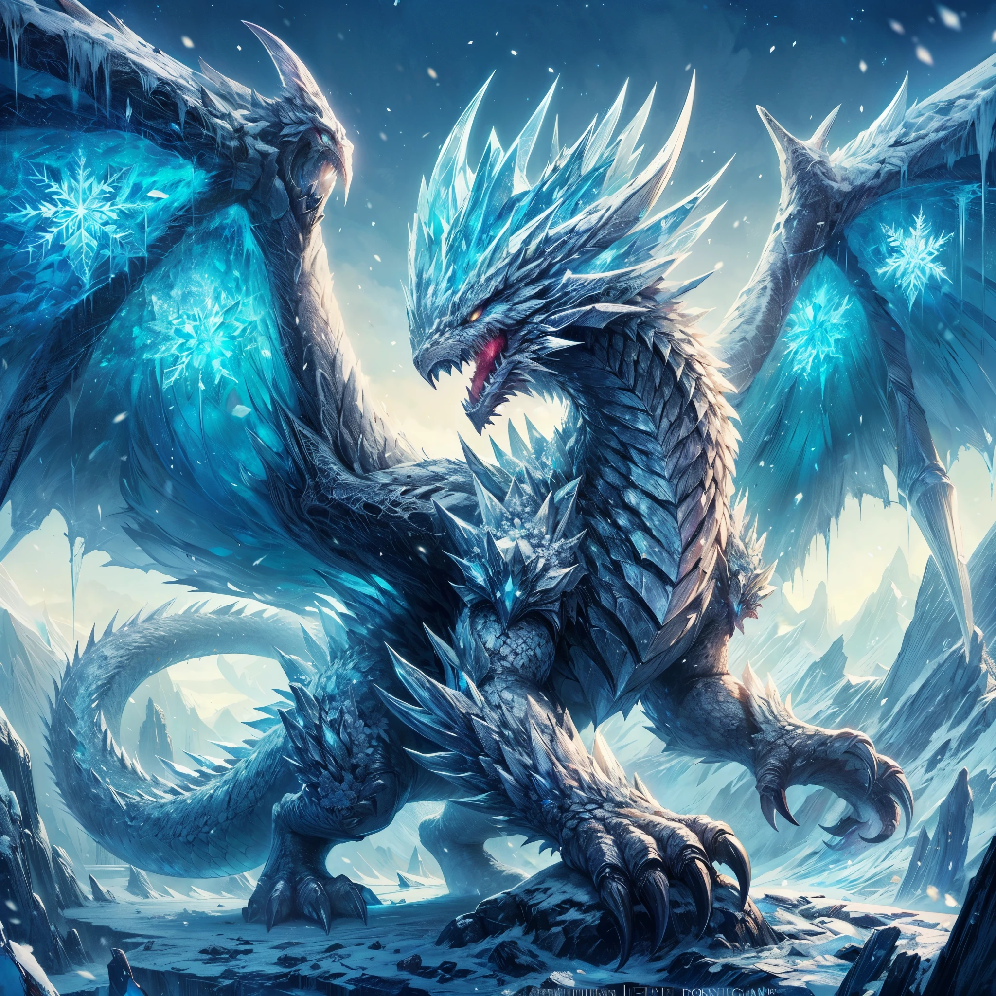 ,ARK,DnD fan art, fantasy, monster hunter,cold color palette,image of a glacial wyvern, glacial wings,colossal shape,medium long body, full body, brave pose, roaring, white scales,eternal ice blocks cover whole body, glacial spikes on the back,ice thorn on tail,sharp ice claws, glowing snowflakes symbol on wings,4 eyes, on a frosty land,super detailed glacial scales, battle aura, floating ice cubes, freezing snow storm, cold dragon breath 