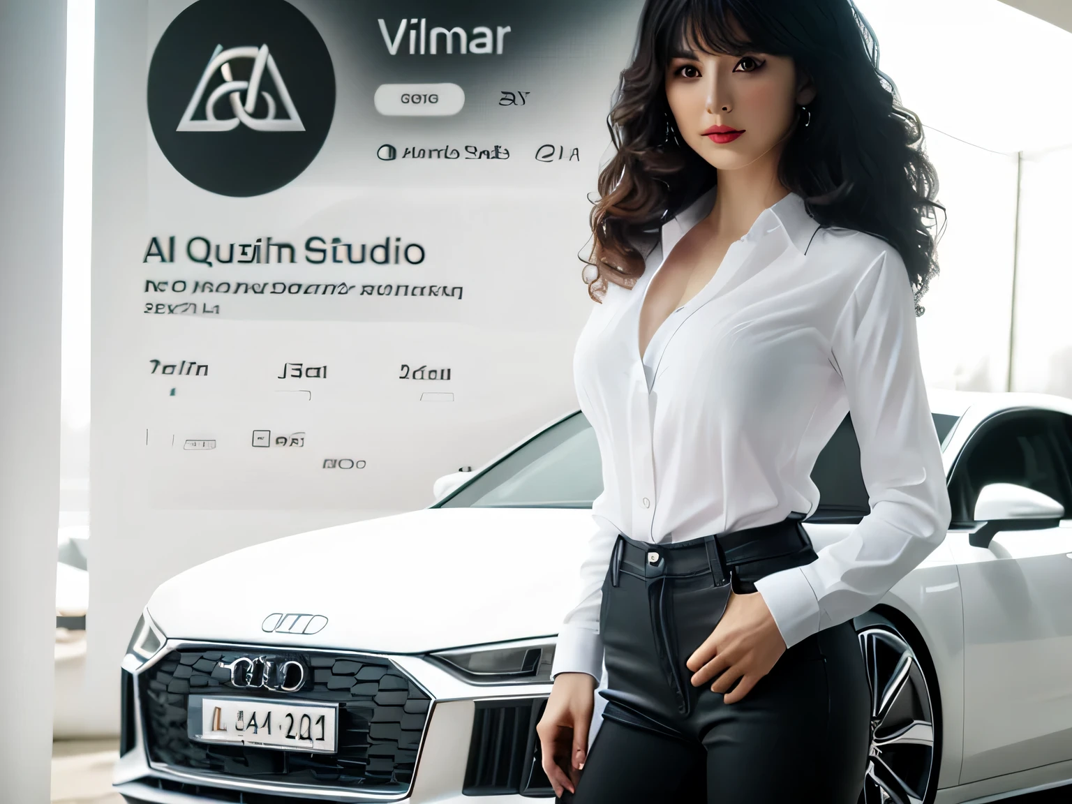 realista, 30 year old woman in white shirt and black pants standing next to a white car, artista 3D, Tendencias de renderizado 3D en ArtStation, con tema AI, tendencia en ArtStation, Como tendencia en ArtStation, Personaje 3D realista, , Trend Art Station