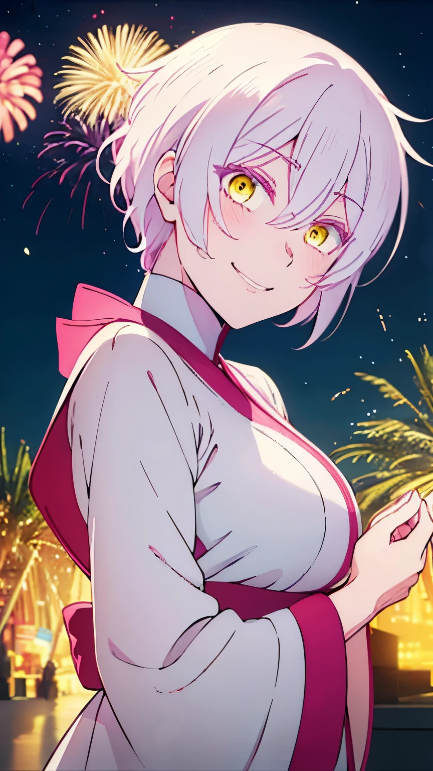 1gril,Jeanne, short pink hair, detailed golden yellow eyes, detailed eyes, pinkish white skin, happy smiling face expression, white yukata with white details, sexy,Night background, colorful fireworks in the sky, good lighting, good shadows, detailed, 8k, sharp, Beautiful hands, back facing pose, shaking hands with open palm, ,Well drawn, (no errors)