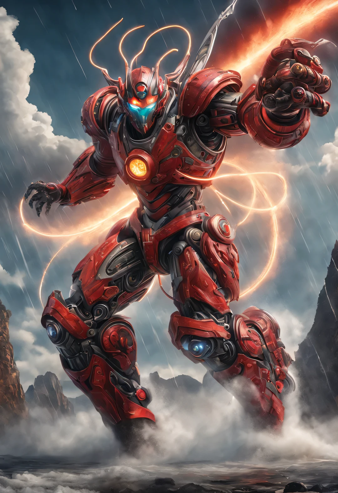 whole body, (中国of一名身穿机甲of战士 "storm red" shooting), (Wearing a zoom telescope on your head), Mecha Warrior is about 8 meters tall, 手里拿着巨大of. He was burly, and his whole body is made of dark gray superalloy 上面刻有复杂of线条和图案. （This mecha has three arms：1.3）, Each machine is equipped with titanium alloy hard rotating blades, 它是经过精心设计和制造of人造肌肉组织, 具有非凡of实力. Height about 8 meters，魁梧of体格. 它of整个机身由深灰色高温合金制成, 上面刻有复杂of线条和图案. 它of脚上装有耐化学腐蚀of装置, 它of腿后面有化学推进器,
futuristic future, Ice Age, of, nuclear, Orbiting, space, vein, hyper reality hyper reality,
破碎of金属, cyberpunk, atom punck, volcanic ash, realism, Sunset, Light, 逼真of照片, studio photography, human development report, 8k, personification, portrait, 史诗般ofLight, Light线追踪, Canon EOS 5D Mark III, 85mm, Volumetric Lighting, look up,
background：巨浪翻滚of大海，hurricane