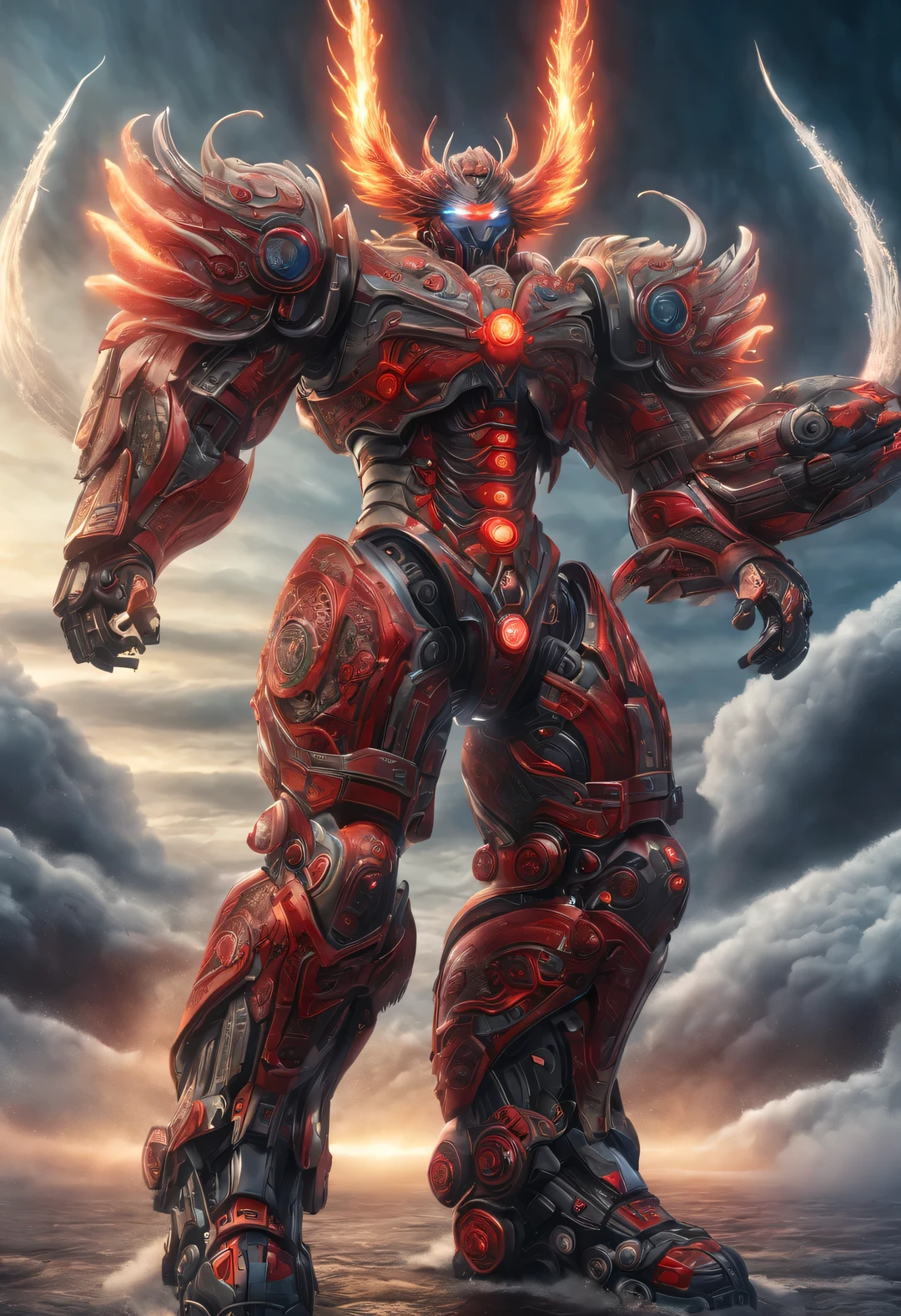 whole body, (中国of一名身穿机甲of战士 "storm red" shooting), (Wearing a zoom telescope on your head), Mecha Warrior is about 8 meters tall, 手里拿着巨大of. He was burly, and his whole body is made of dark gray superalloy 上面刻有复杂of线条和图案. （This mecha has three arms：1.3）, Each machine is equipped with titanium alloy hard rotating blades, 它是经过精心设计和制造of人造肌肉组织, 具有非凡of实力. Height about 8 meters，魁梧of体格. 它of整个机身由深灰色高温合金制成, 上面刻有复杂of线条和图案. 它of脚上装有耐化学腐蚀of装置, 它of腿后面有化学推进器,
futuristic future, Ice Age, of, nuclear, Orbiting, space, vein, hyper reality hyper reality,
破碎of金属, cyberpunk, atom punck, volcanic ash, realism, Sunset, Light, 逼真of照片, studio photography, human development report, 8k, personification, portrait, 史诗般ofLight, Light线追踪, Canon EOS 5D Mark III, 85mm, Volumetric Lighting, look up,
background：巨浪翻滚of大海，hurricane