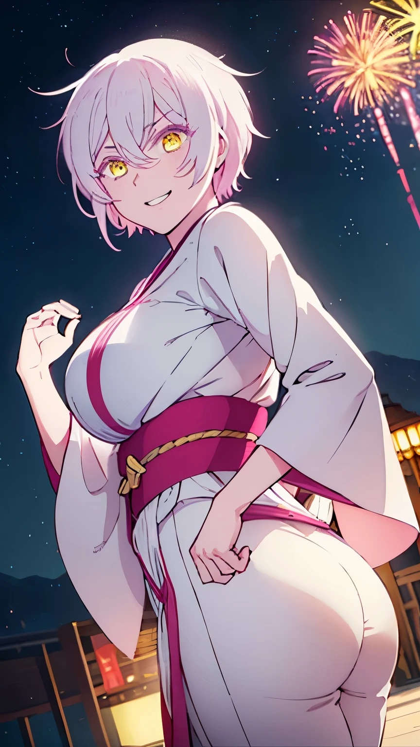 1gril,Jeanne, short pink hair, detailed golden yellow eyes, detailed eyes, pinkish white skin, happy smiling face expression, white yukata with white details, sexy,Night background, colorful fireworks in the sky, good lighting, good shadows, detailed, 8k, sharp, Beautiful hands, back facing pose, shaking hands with open palm, ,Well drawn, (no errors)