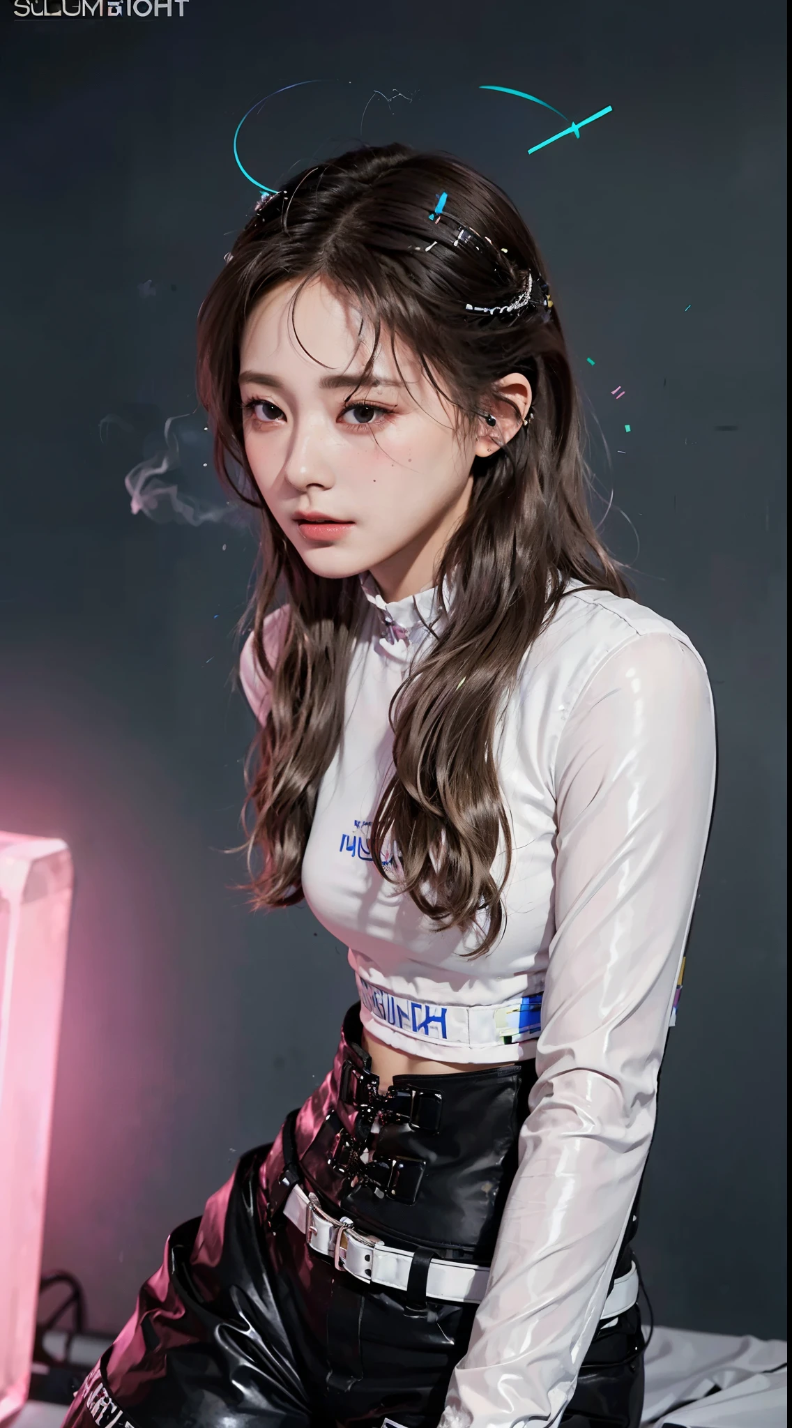 Top Quality, Ultra High Definition, (backlight), (Photorealistic: 1.4), (front shot:1), 1 Beautiful Girl, (Kpop Idol), Detailed Face, (Hair Style: Pink:1, fullbang, wavy-hairstyle:1), Contrapposto, Perfect Anatomy, muscular and plump:0.6, wavy hair, Natural Lighting, ((wearing Futuristic Police Racing Suits, police wappen, tight:0.8, High-tech Headset, military harness, racing gloves, handgun)), outside honey wavy hairstyle, (Cloths colors based on silver pink black white), (background, crashed abandoned machines, smokes, indoor space),