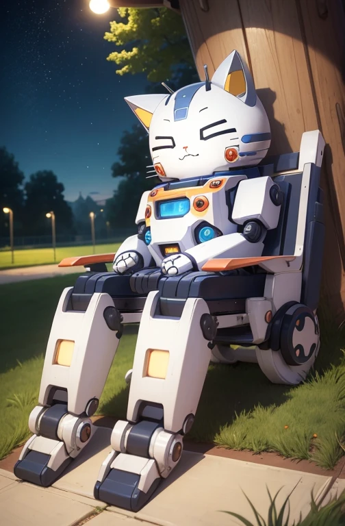 a cute mecha, robot cat, mecha, no humans, action pose, night cty