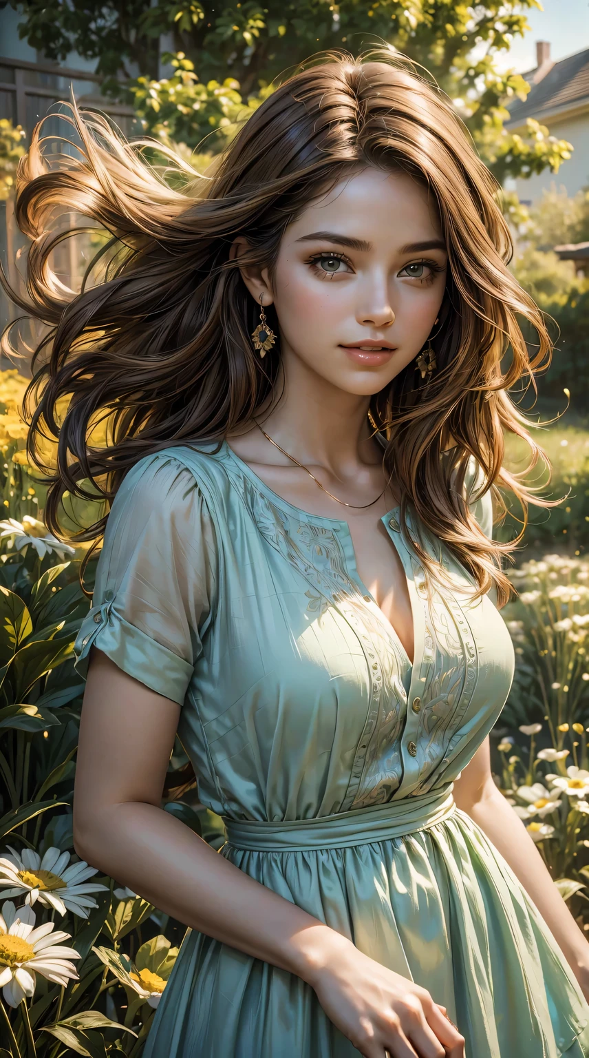 ((realistic:1.5)),((best quality)), ((masterpiece)),((detailed)), (1girl), a beautiful female (upper body:1.3),,super-wide-angle lens, face focus, toned muscles, long legs, barefoot, slim thighs, narrow hips, green eyes, long eyelashes, small breasts, (detailed face, smile with teeth, beautiful eyes, detailed clothes features, clear background:1.3), (Normal skin, messy brown hair, outlined eyes, outlined face, bracelet, Full body), wearing a green elegant robe, sitting in a garden, flowers, birds, garden background, best shadow, bright details, sharp, perfect composition, Intricate, Sharp focus, dramatic, by Julie Bell, by Olivia De Berardinis, by Luis Royo, by Boris Vallejo