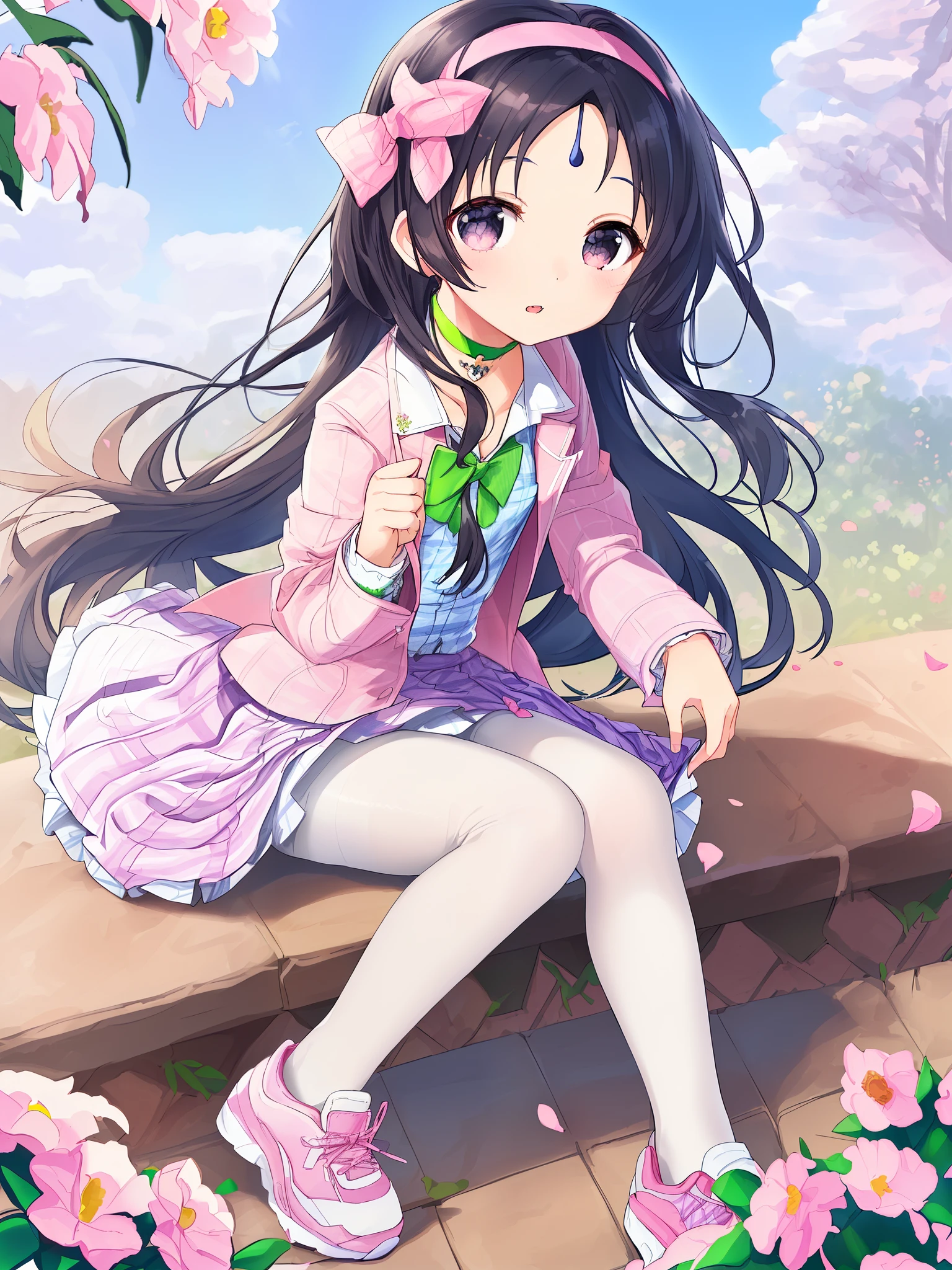 1 girl, solo, masterpiece, best quality, ultra resolution, ultra high details, 8k unity, (anatomically correct:1.5), (petite loli:1.6), (full body:1.2), (black hair:1.2), grey eyes, mid-length hair, high quality eyes, high quality hands, (white shirt:1.5), (pink suit jacket with embroidered flowers:1.5), (long sleeves:1.3), (frilled sleeves:1.3), (outfit open:1.6), (white plaid skirt:1.8), (wide hairband:1.3), (pink bow:1.2), (white pantyhose:1.3), pink white sports shoes, (green choker:1.3), (present forehead:1.2), (urban lane:1.3), (sunny sky:1.2), high quality background, extreme detailed background