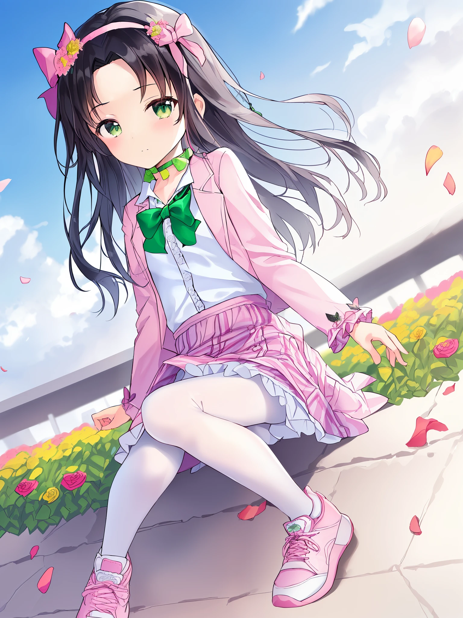 1 girl, solo, masterpiece, best quality, ultra resolution, ultra high details, 8k unity, (anatomically correct:1.5), (ite lol1.3), (full body), (black hair:1.2), grey eyes, mid-length hair, high quality eyes, high quality hands, (white shirt:1.5), (pink suit jacket with embroidered flowers:1.5), (long sleeves:1.2), (frilled sleeves:1.5), (outfit open:1.6), (white plaid skirt:1.5), wide hairband, (pink bow:1.3), (present forehead:1.3), (white pantyhose:1.3), (pink white sports shoes:1.2), (green choker:1.5), (urban lane:1.3), (sunny sky:1.2), high quality background, extreme detailed background