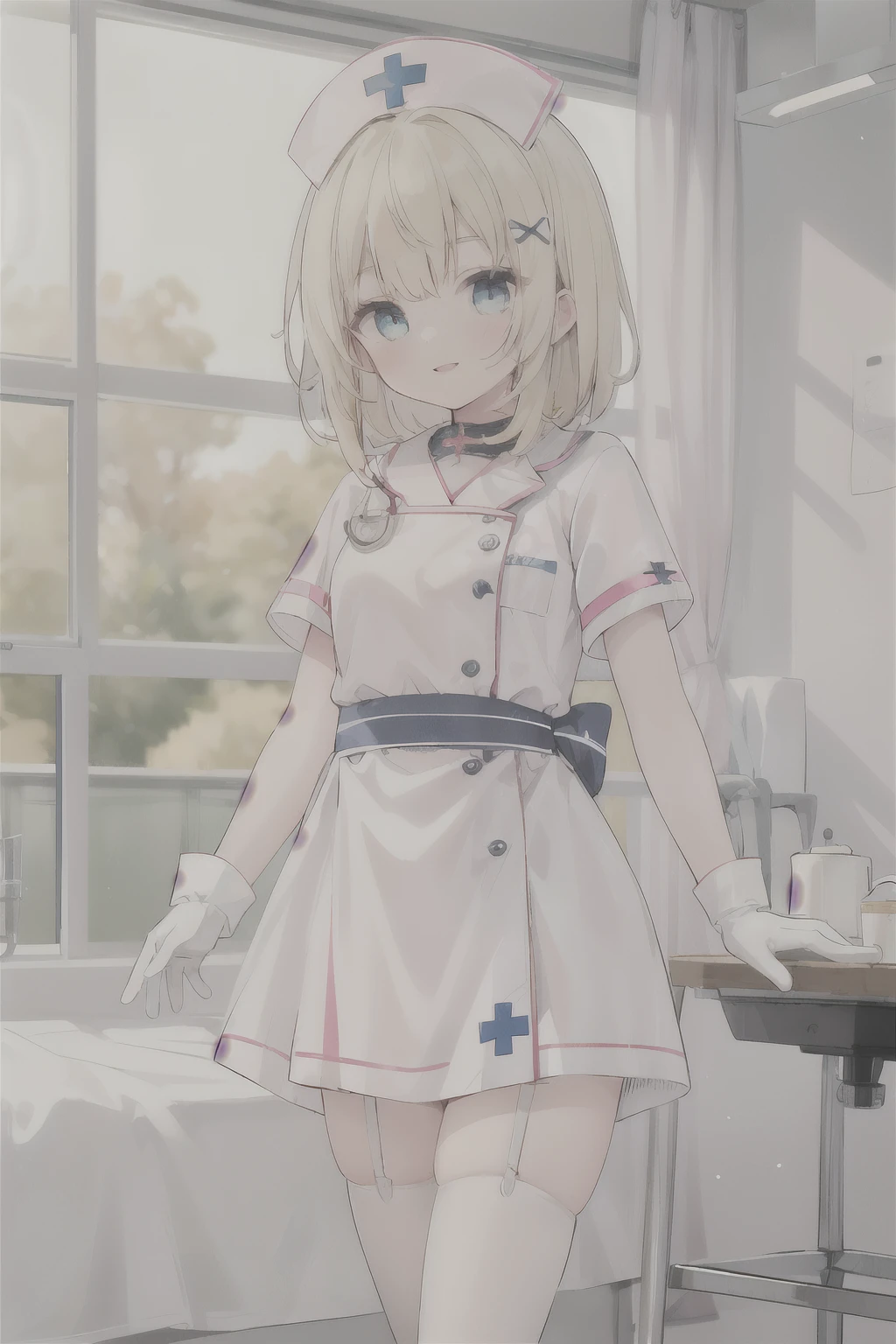 1 girl in, nurse, nurse cap, White tableware, white stockings, White gloves, blonde hair, Blue eyes, pink lipsticks, smile, standing, hospital, sharp outline, Zettai Ryoiki, short sleeves, Best quality, table