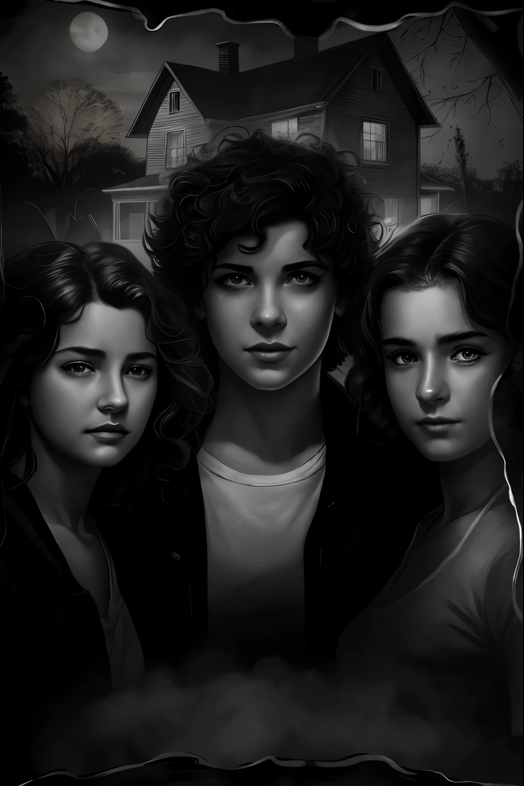a black and white photo of three young women standing in front of a house, novel cover art for a book, young adult fantasy novel cover, official illustration, art concept for a book cover, promotional art, neoartcore and charlie bowater, romance novel cover, fan art, by Galen Dara, key art, stranger things character, procreate illustration